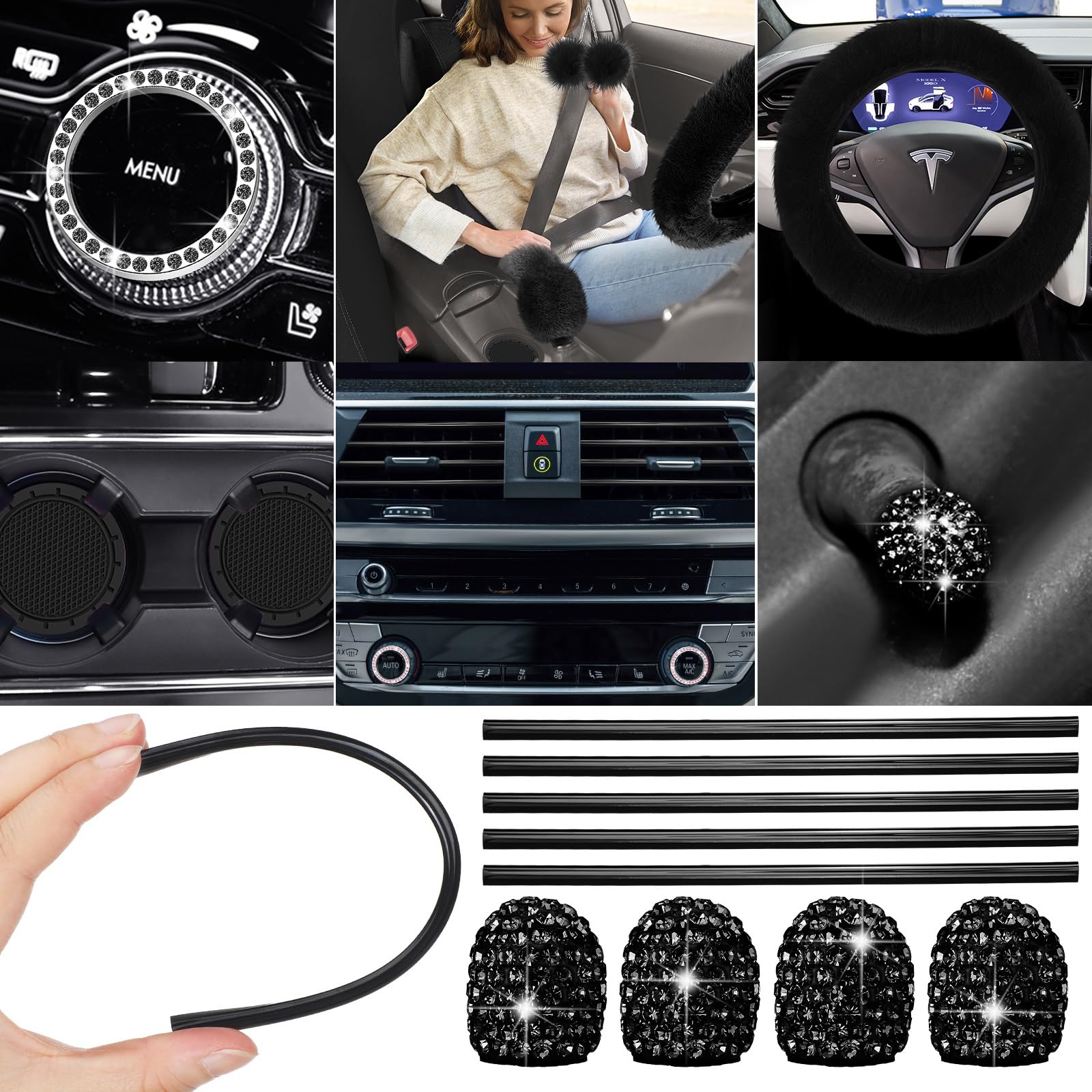 Woanger 47-Piece Luxury Car Seat Cover Set - Premium Fluffy Steering Wheel Cover, Seat Belt Covers & Floor Mats - Universal Fit for Most Vehicles (Black) - Perfect for Winter Comfort & Car Interior Decoration