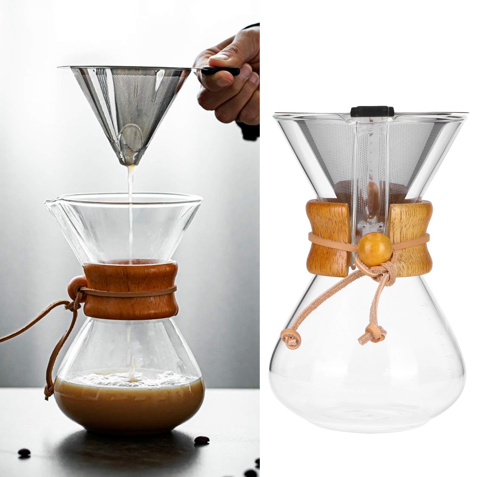 Premium Pour Over Coffee Maker - 800ml High-Temperature Resistant Glass Dripper with Stainless Steel Filter - Perfect for Home, Office & Camping Coffee Brewing