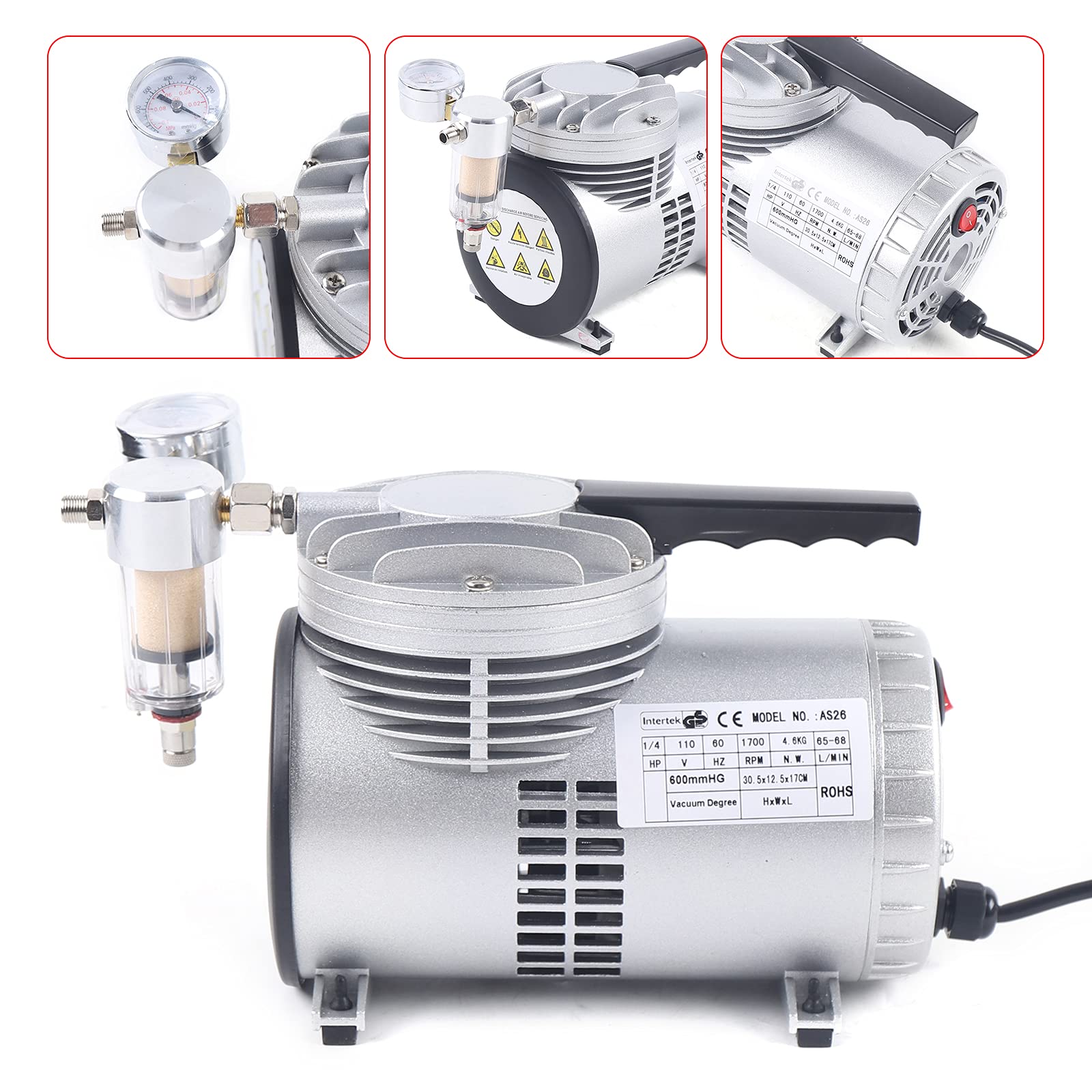 Oil-Free Diaphragm Vacuum Pump 1/6HP 20-23L/min 1450-1700 RPM - Food Packaging, Crafts, Lab Equipment & Industrial Applications - Quiet, Maintenance-Free Vacuum Suction System