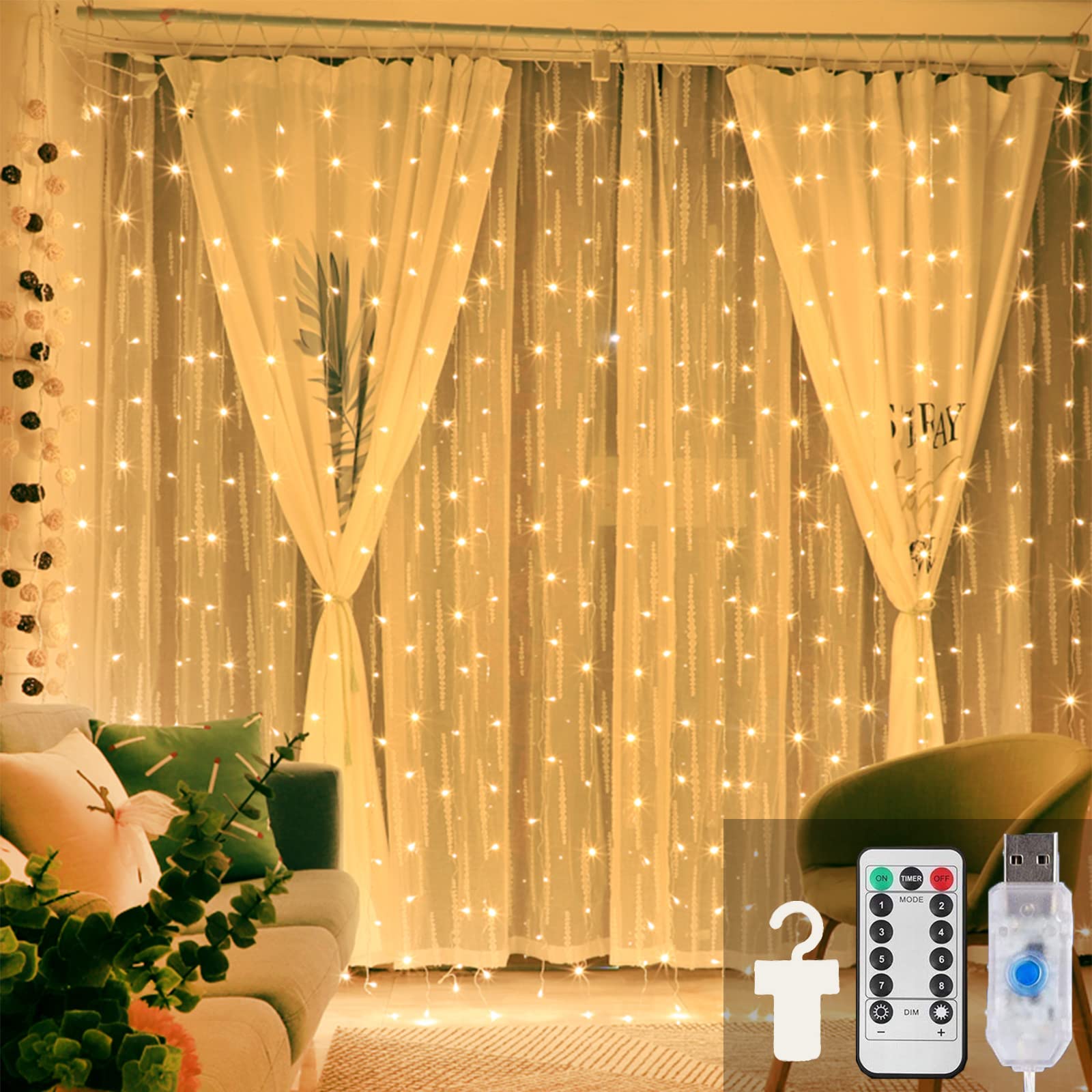 ZOUTOG 300 LED Curtain Lights with Remote Control, 9.8 x 9.8 ft Waterproof Fairy String Lights - Warm White for Wedding, Party, Christmas, Garden, Bedroom & Wall Decor | Indoor & Outdoor Use