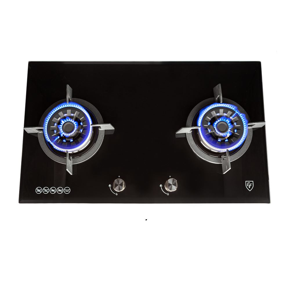 EF 90cm Chimney Hood CK FINO PLUS BK + EF EFH 7626 WT VGB 78cm 2-Burner Gas Built-in Hob - Modern Kitchen Cooking Solution for Home Chefs