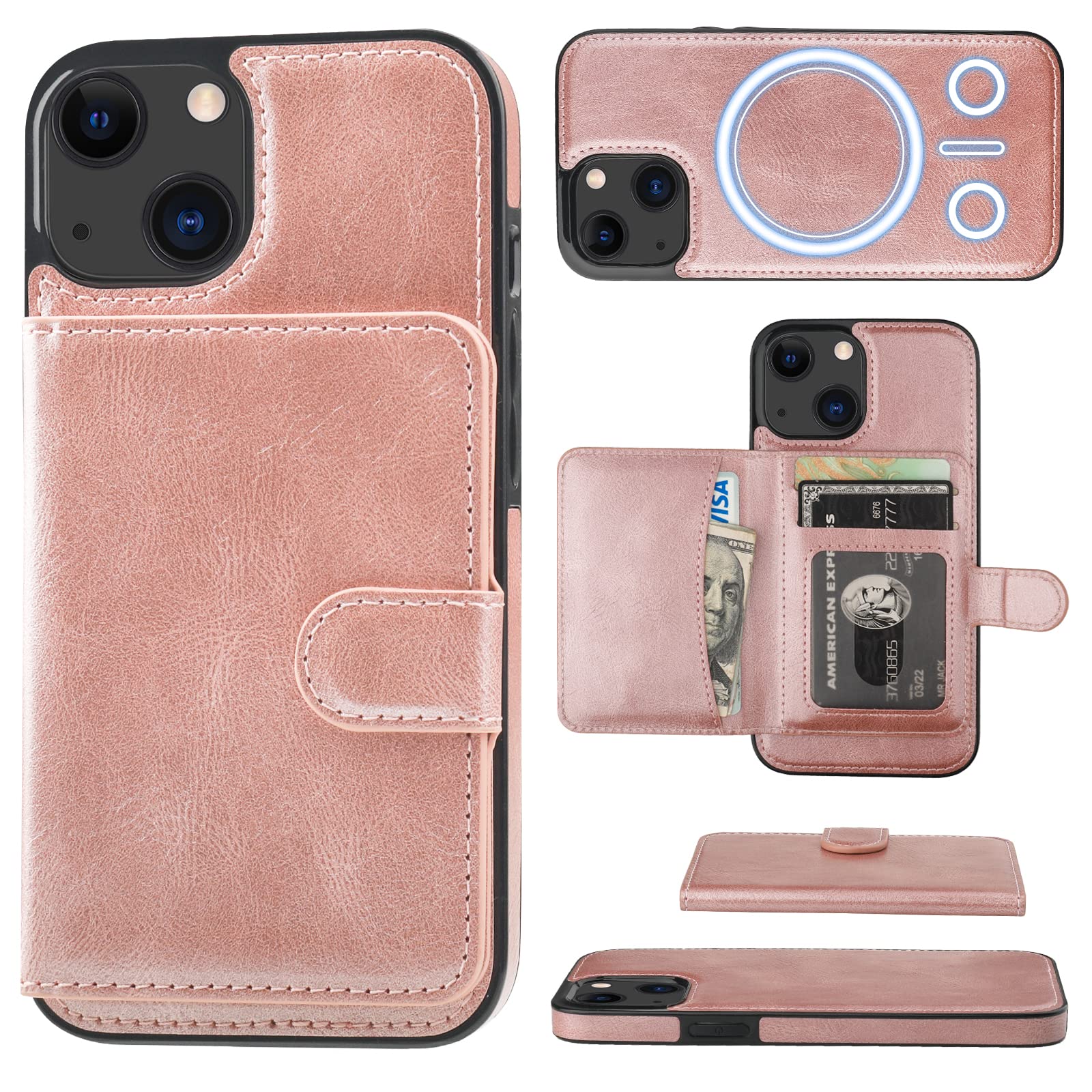 Premium PU Leather iPhone 13 Wallet Case with MagSafe - Magnetic Detachable Flip Cover, RFID Blocking, Card Slots & Kickstand | Wireless Charging Compatible 6.1