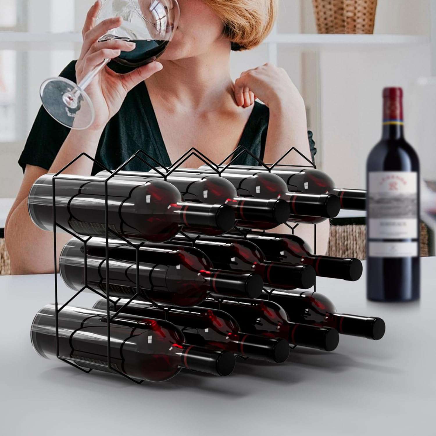 14-Bottle Freestanding Modern Metal Countertop Wine Rack - Space-Saving Storage for Kitchen, Bar, Dining Room & Office Decor