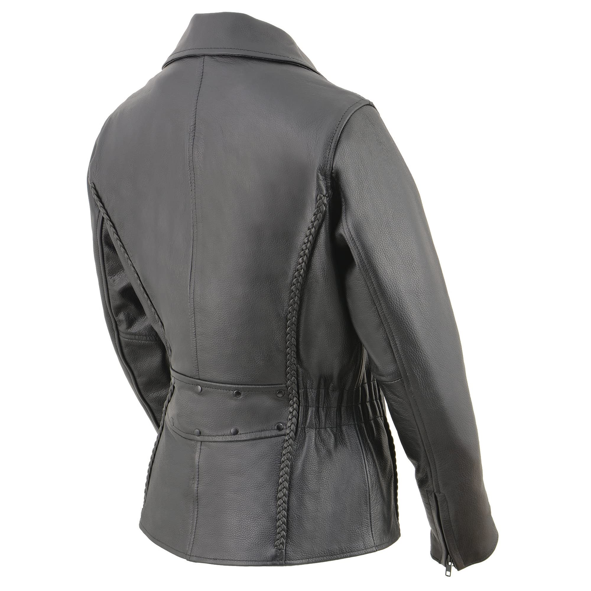 Milwaukee Women's LKL2711 Black Leather Jacket with Braid & Stud Back Detailing - Stylish Biker Jacket for Motorcycle Riding, Night Out & Fashion
