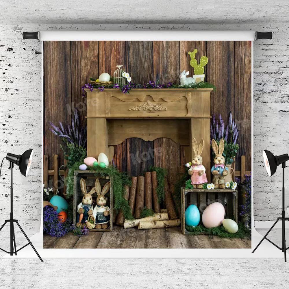 10x10ft Easter Photography Backdrop - Colorful Eggs, Spring Bunny & Rustic Wood Design for Fireplace Home Party Decor, Newborn Photo Booth Props | Perfect for Easter Celebrations, Baby Showers & Spring-Themed Portraits