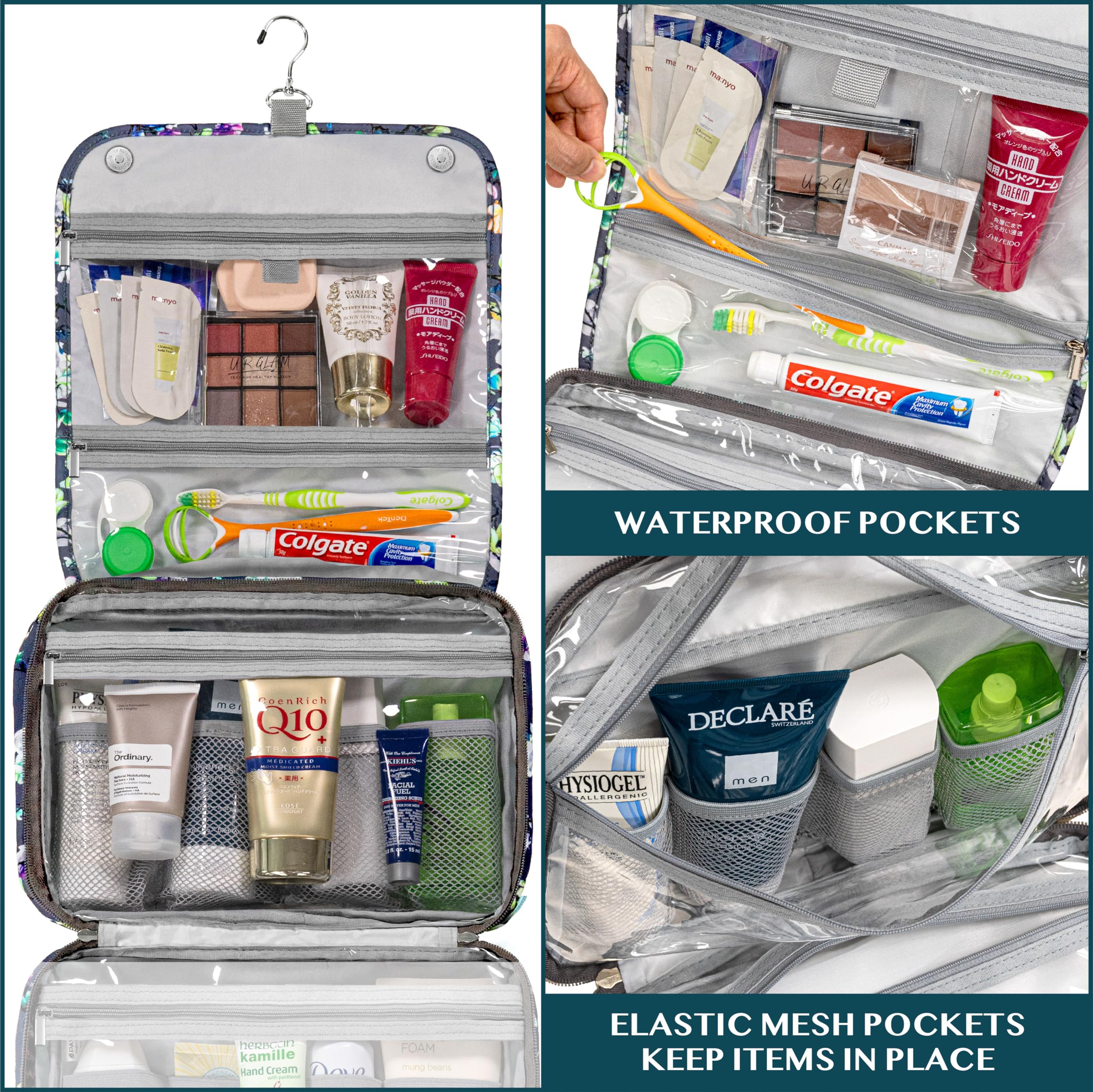 PAVILIA Hanging Toiletry Bag for Women & Men - Foldable Water-Resistant Cosmetic Organizer, Large Travel Makeup Bag with Multiple Pockets - Perfect for Camping, Gym, Business Trips & Vacation Essentials (Grey Floral)