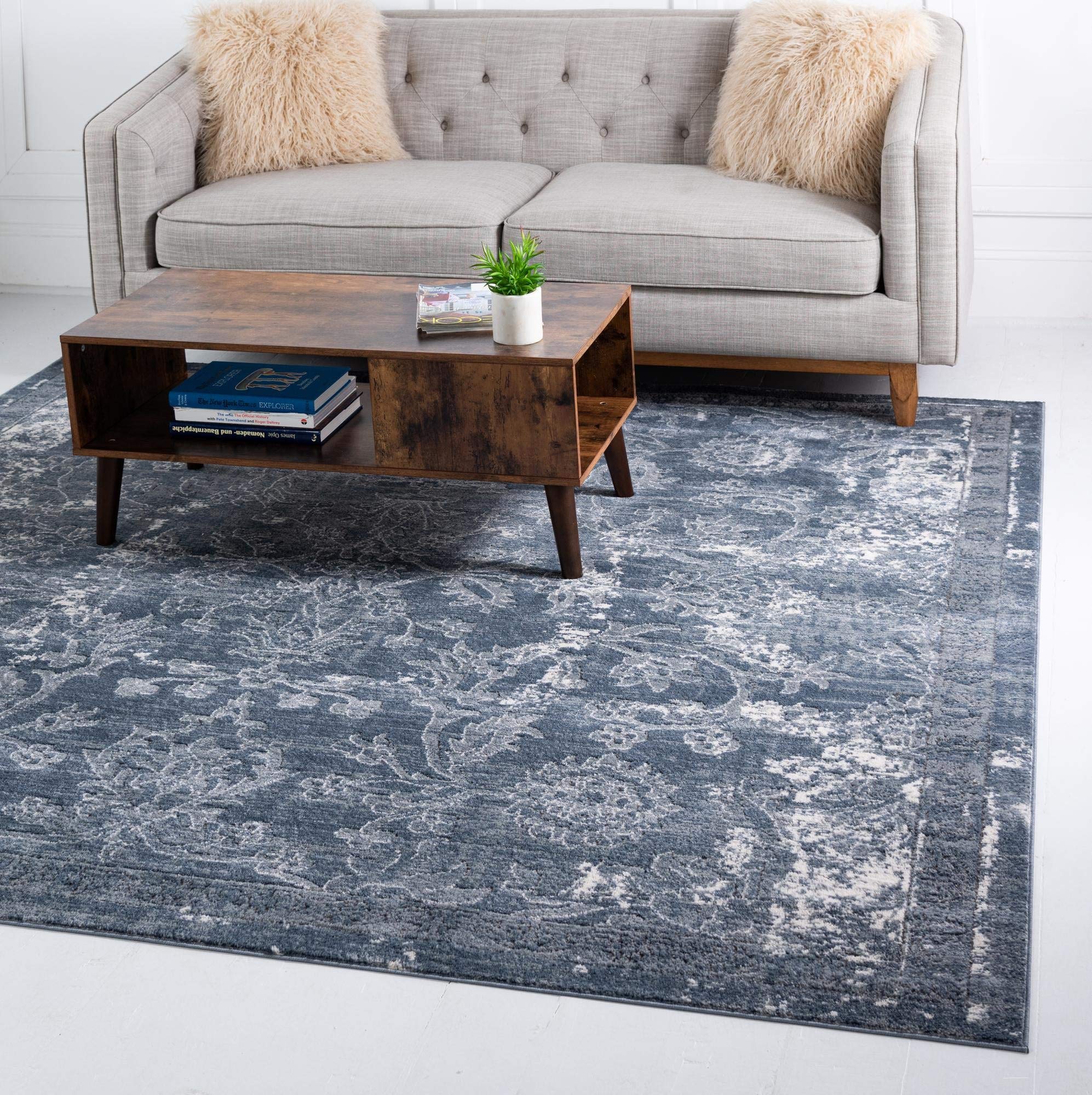 Premium 8x8 Ft Blue Low-Pile Area Rug - Oregon Collection for Living Room, Bedroom & Entryway - Soft Modern Floor Carpet for Home Decor