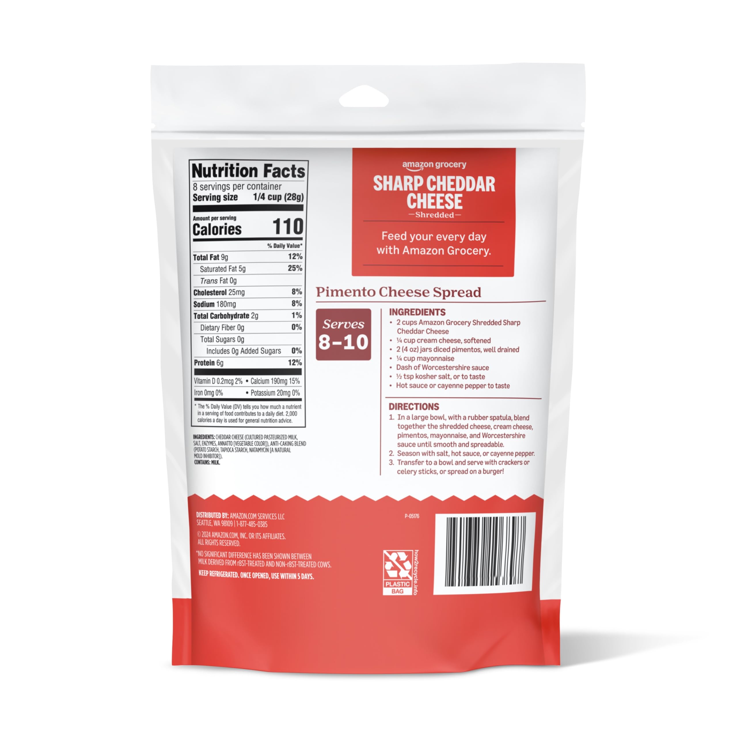 Premium Shredded Sharp Cheddar Cheese - 8 Oz Resealable Bag | High-Quality Amazon Grocery | Perfect for Nachos, Mac & Cheese, Sandwiches & Salads