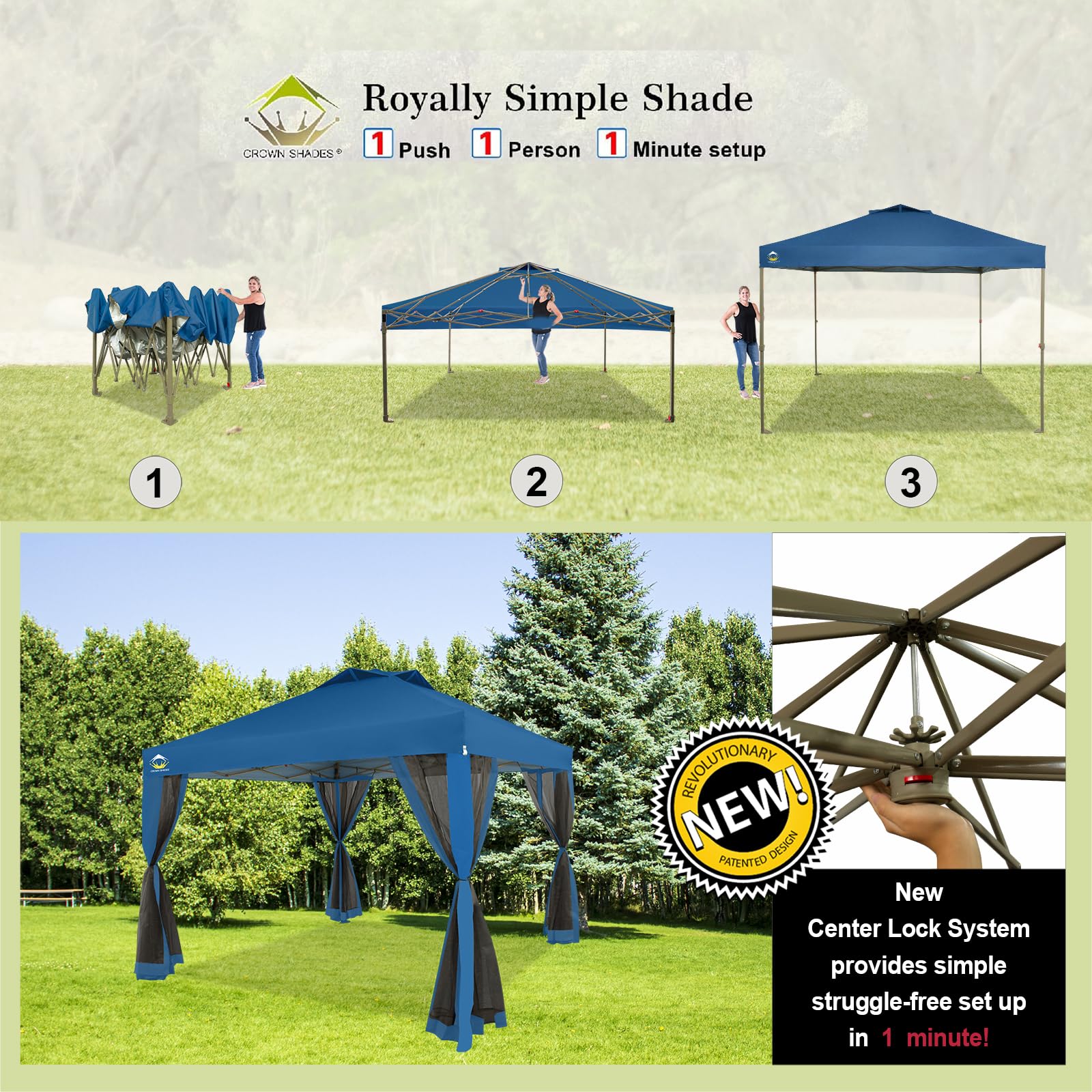 10x10 Pop Up Canopy Tent with Netting - CROWN SHADES Portable Gazebo for Outdoor Events, Includes 4 Ropes, 8 Stakes & 4 Weight Bags - Wheeled Storage Bag - Perfect for Patio, Backyard, Camping & Beach Parties (Blue)