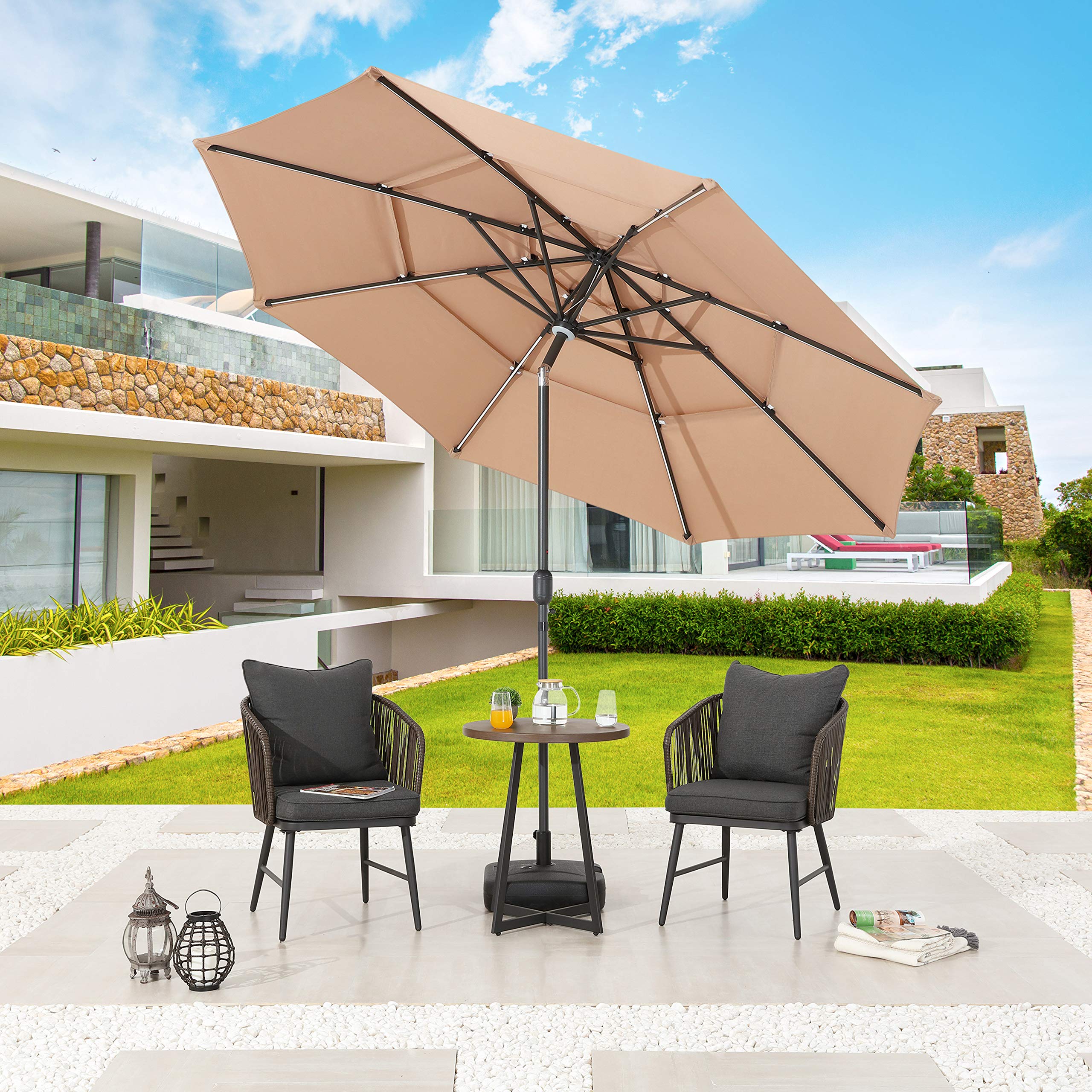 LOKATSE HOME 9.5 Foot Solar Powered LED Patio Umbrella with 3-Tier Design - Adjustable Tilt, 8 Aluminum Ribs, Crank Handle & Sturdy Metal Pole for Outdoor Garden, Deck, Poolside & Farmers Market (Khaki) | Perfect for Backyard BBQs, Beach Lounging & Outdoor Dining