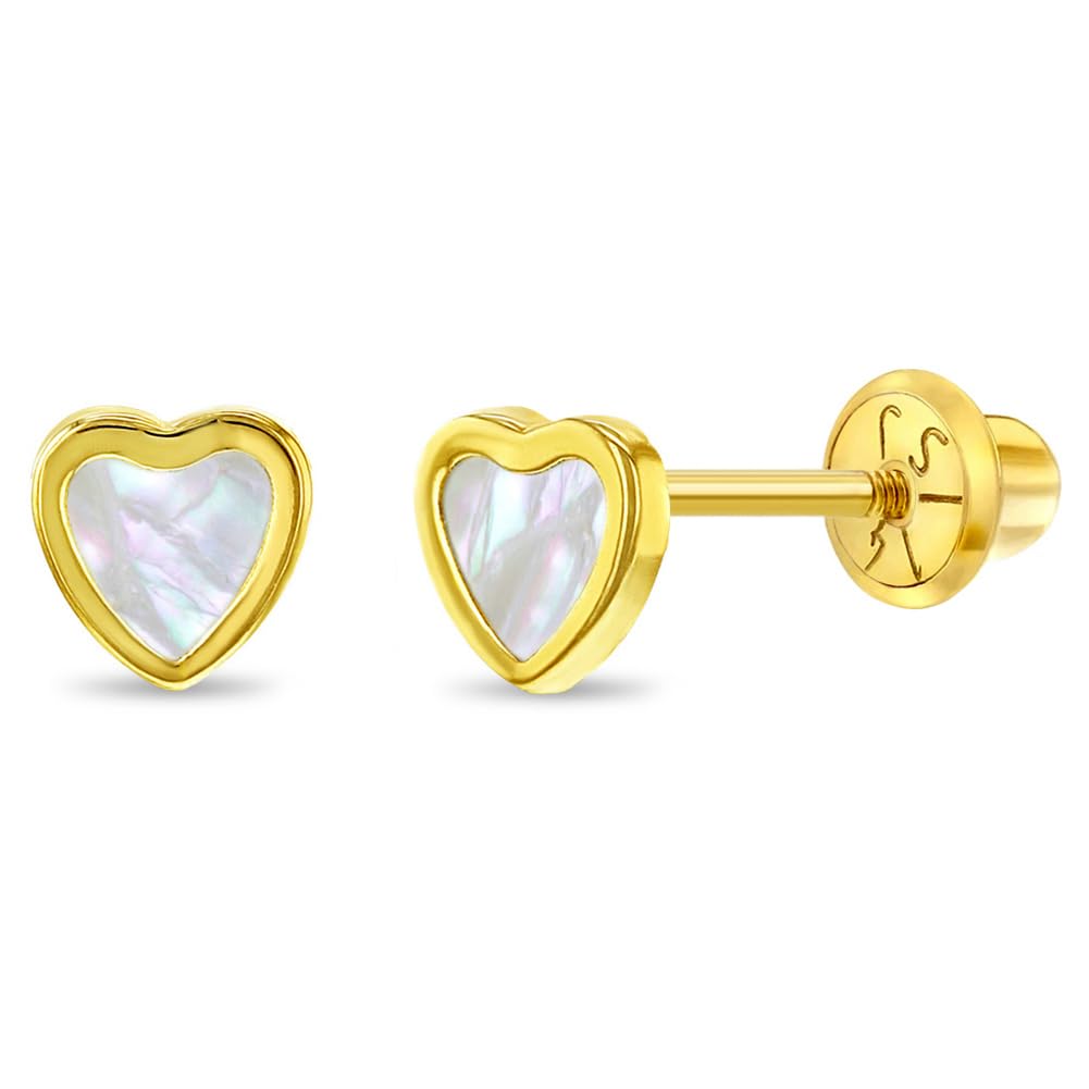 14K Yellow Gold Mother of Pearl Heart Stud Earrings for Girls - Small Screw Back Earrings for Baby Girls & Toddlers - Dainty Pearl Heart Jewelry for Kids | Birthday Gifts, Christening, First Communion & Special Occasions