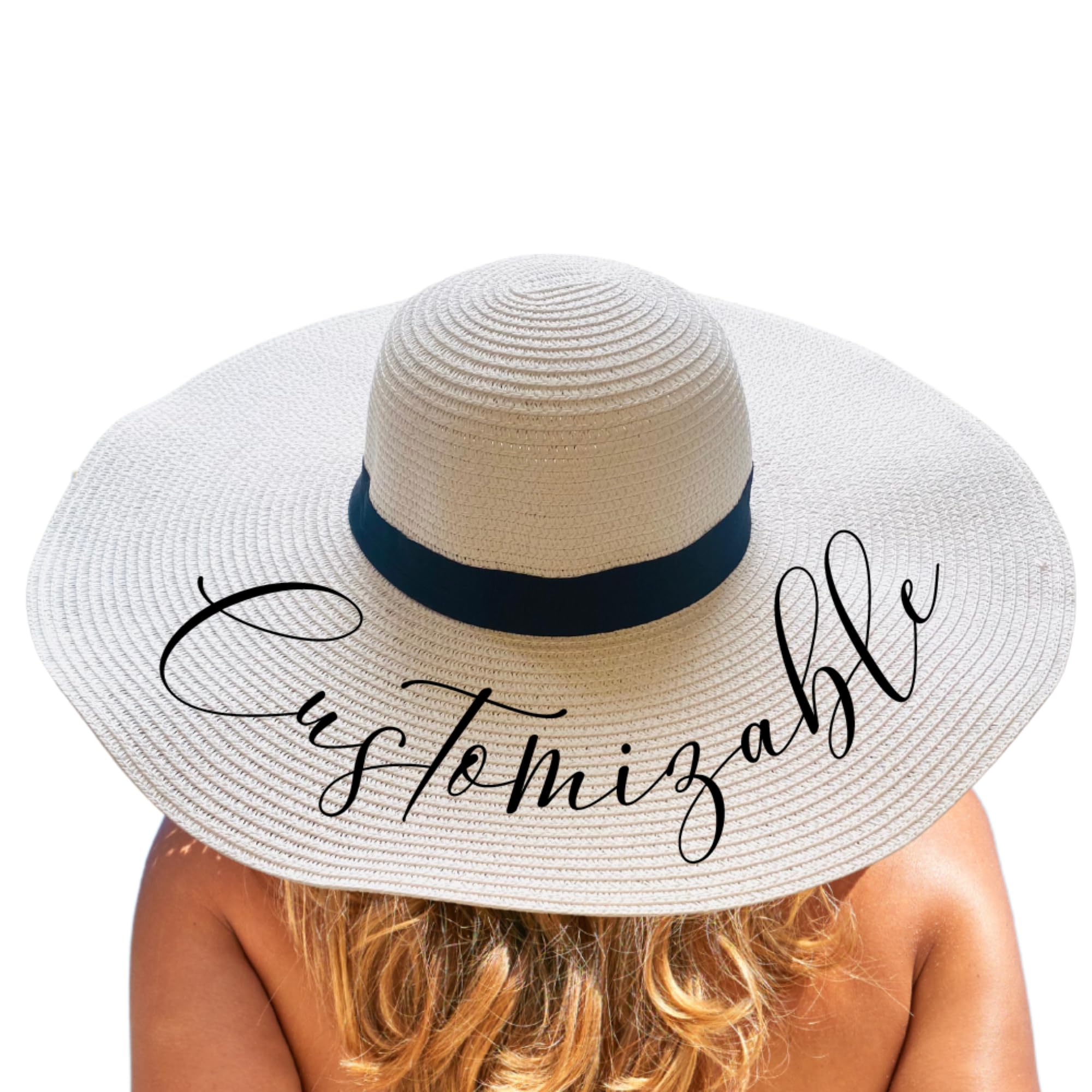 Custom Personalized Women's Beach Hat - Wide Brim Sun Hat with Adjustable Band for Bride, Bridesmaids & Bachelorette Party | Perfect Beach Wedding, Honeymoon & Vacation Accessories | UV Protection Summer Hat for Women (White)
