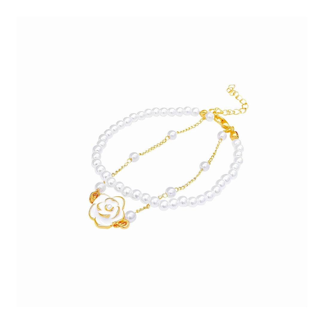 Dainty Camellia Charm Ivory Pearl Bracelet for Women | Elegant Adjustable Fashion Jewelry Gift | Perfect for Weddings, Parties & Everyday Wear | HB1205