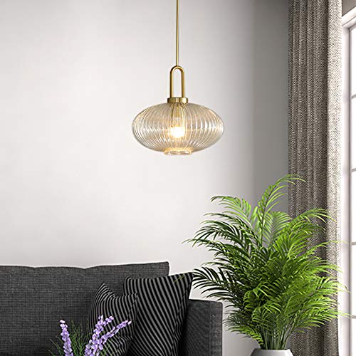 12 Inch Gold Ribbed Glass Lantern Pendant Light with Handle - Modern Single Bulb Ceiling Fixture for Dining Room, Kitchen Island & Bedroom Lighting