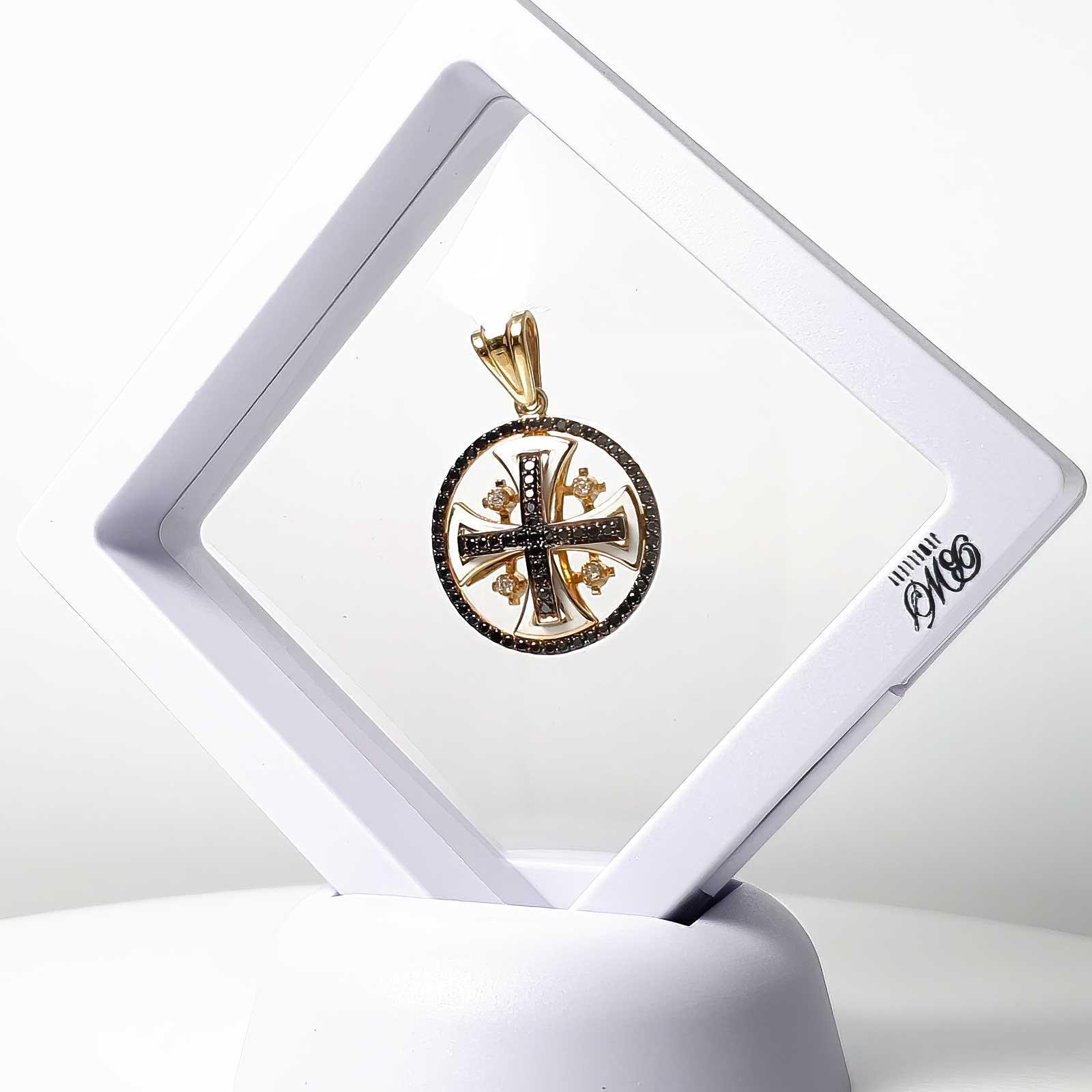 14K Gold Jerusalem Cross Round Pendant with Black Diamonds & White Enamel - Elegant Religious Jewelry for Women, Perfect for Gifts, Weddings & Special Occasions