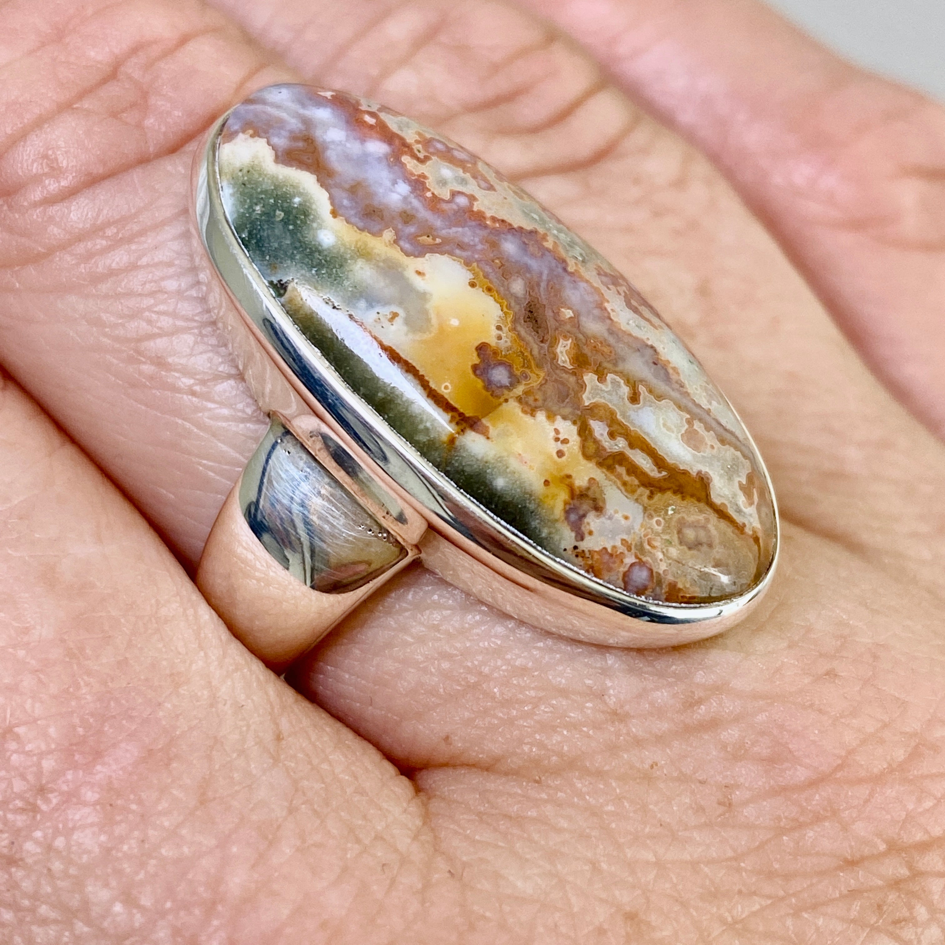 Ocean Jasper Oval Cabochon Ring - Size 9 - Natural Stone Jewelry - Handmade Silver Ring - Unique Gemstone Ring for Women - Perfect for Boho Style, Meditation & Spiritual Healing