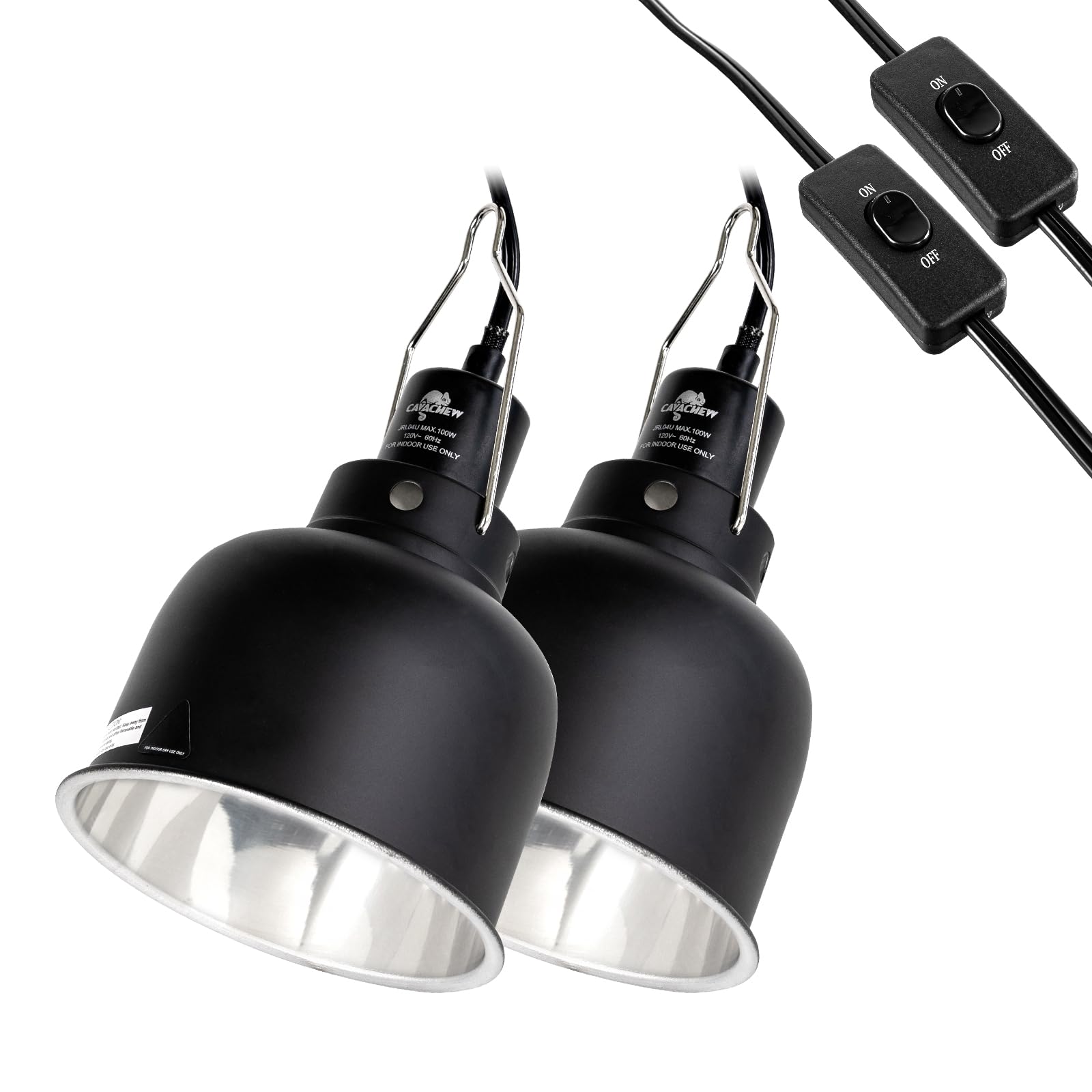 2 Pack 5.5in Deep Dome Reptile Lamp Fixture with Optical Reflection Cover - 100W Black Terrarium Light for Reptile Heat Basking & UVB Bulbs - Includes Separate Switch & Hook - Perfect for Bearded Dragons, Turtles & Reptile Habitats