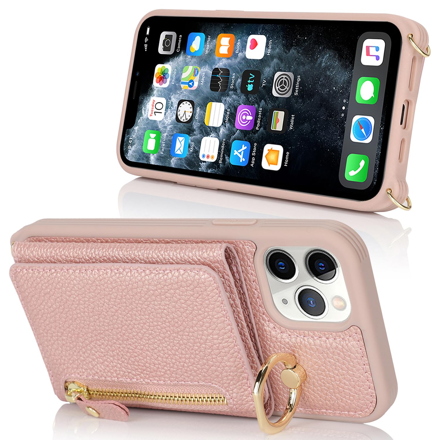 Premium Leather iPhone 11 Pro Max Case with Card Holder & Crossbody Strap - Wallet Phone Case with Zipper Pocket, Stand Ring & Lanyard (Rose Gold) - Perfect for Women's Daily Use, Travel & Hands-Free Convenience