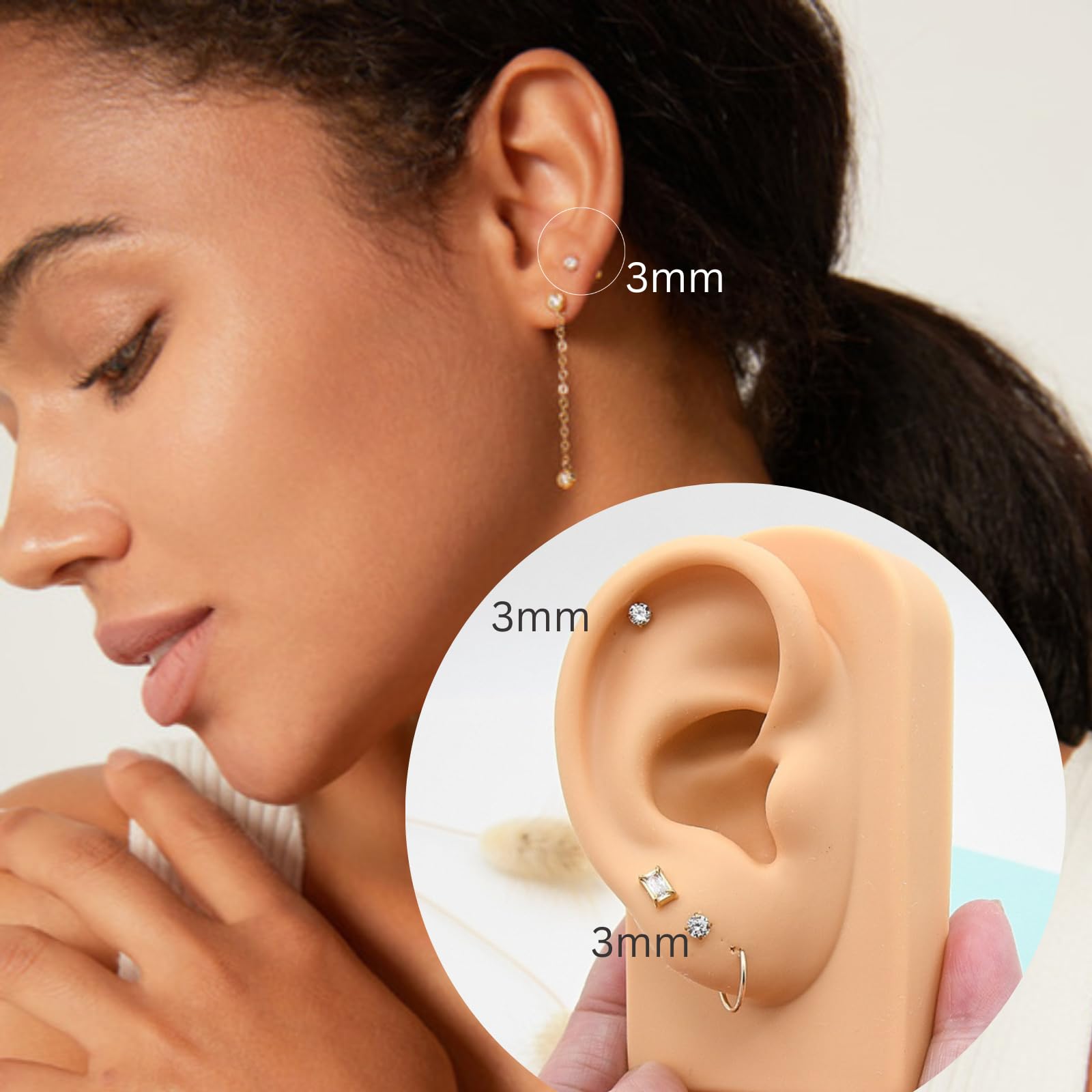 14K Gold Small Flat Back Earrings for Women - Hypoallergenic Cartilage Studs for Helix, Conch & Tragus Piercing - Screw Back Tiny Stud Earrings with Pink Crystal - Perfect for Daily Wear & Special Occasions