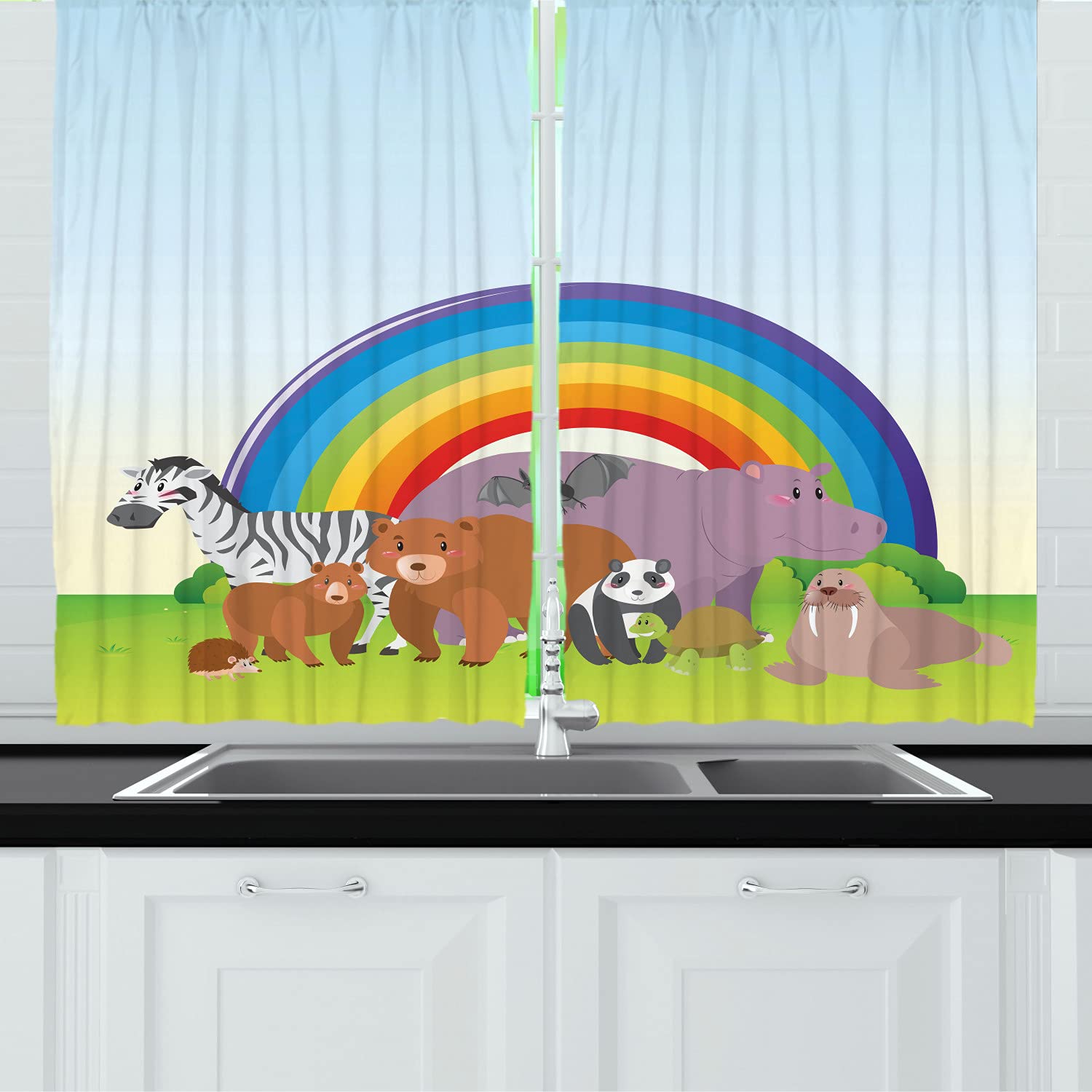 Ambesonne Rainbow Long Kitchen Curtains - Colorful Wild Animal Print (Zebra, Bear, Panda, Turtle) - Woodland Theme Rod Pocket Drapes - 55
