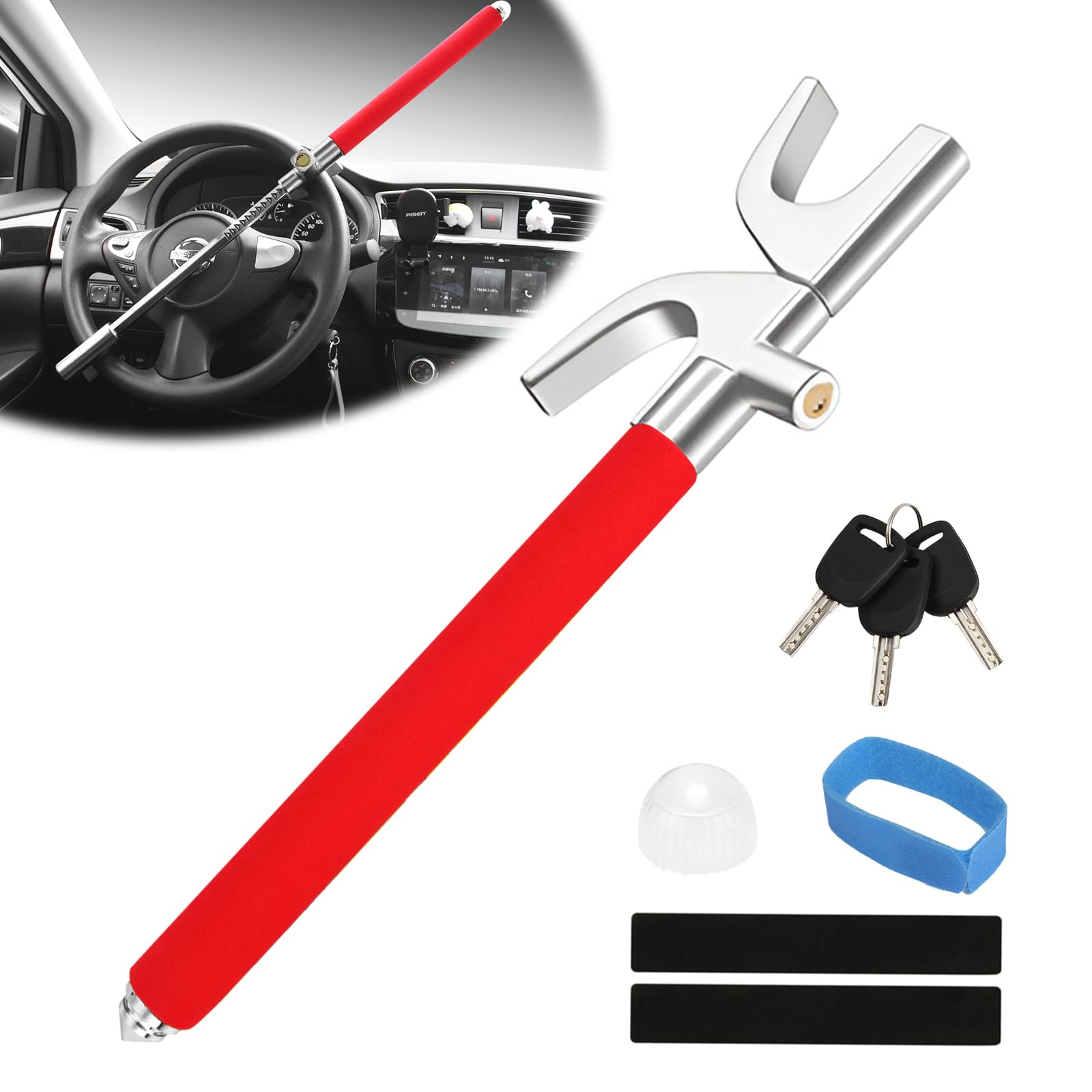 Premium Car Steering Wheel Lock - Heavy Duty Anti-Theft Device with 3 Keys & Emergency Safety Hammer | Universal Fit for All Vehicles | Red | Perfect for Parking Security & Theft Prevention