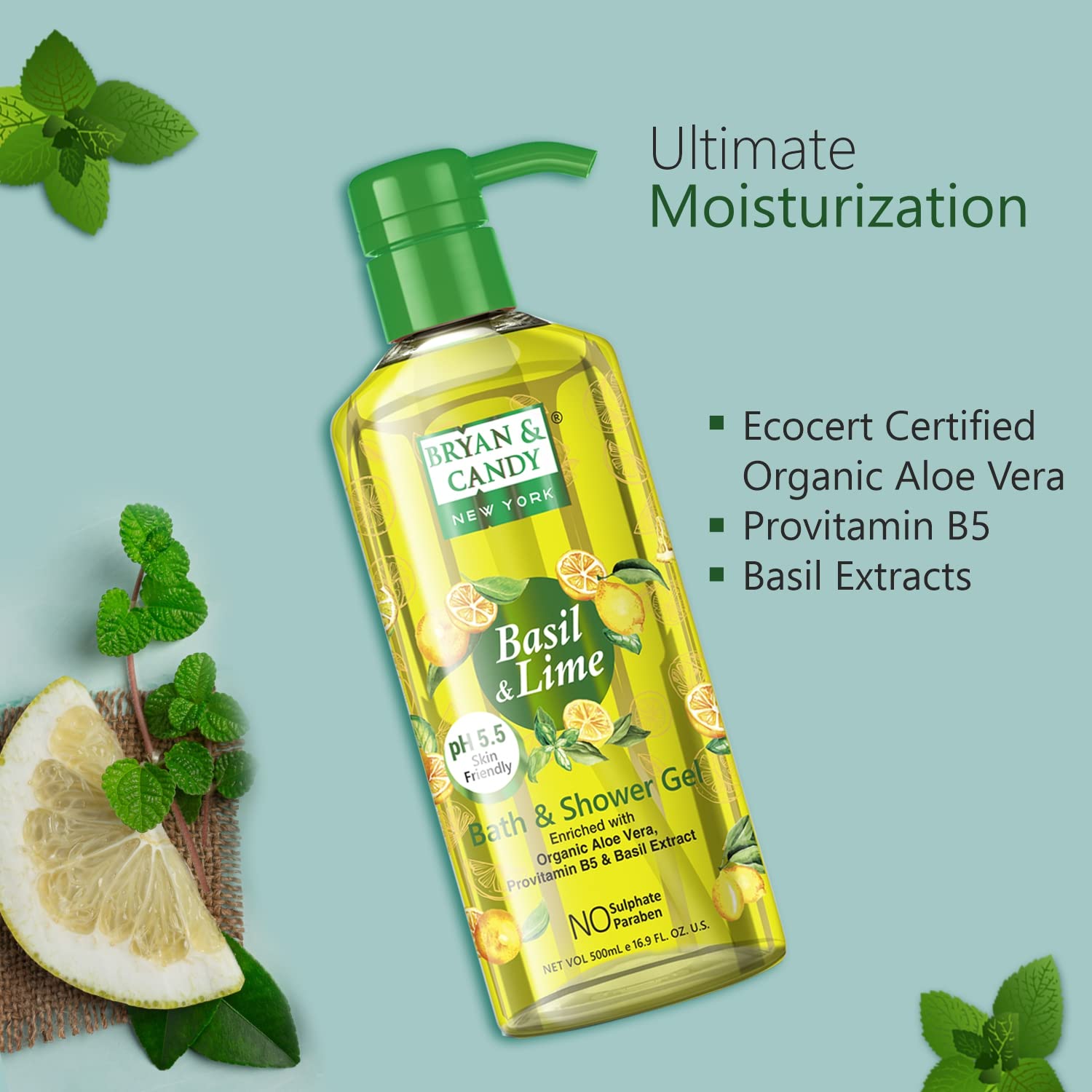 Bryan & Candy Aloe Vera Shower Gel - Gentle Moisturizing Body Wash for Soft, Supple Skin | Basil & Lime Scented | 500ml | Perfect for Daily Hydration & Relaxing Bath Time