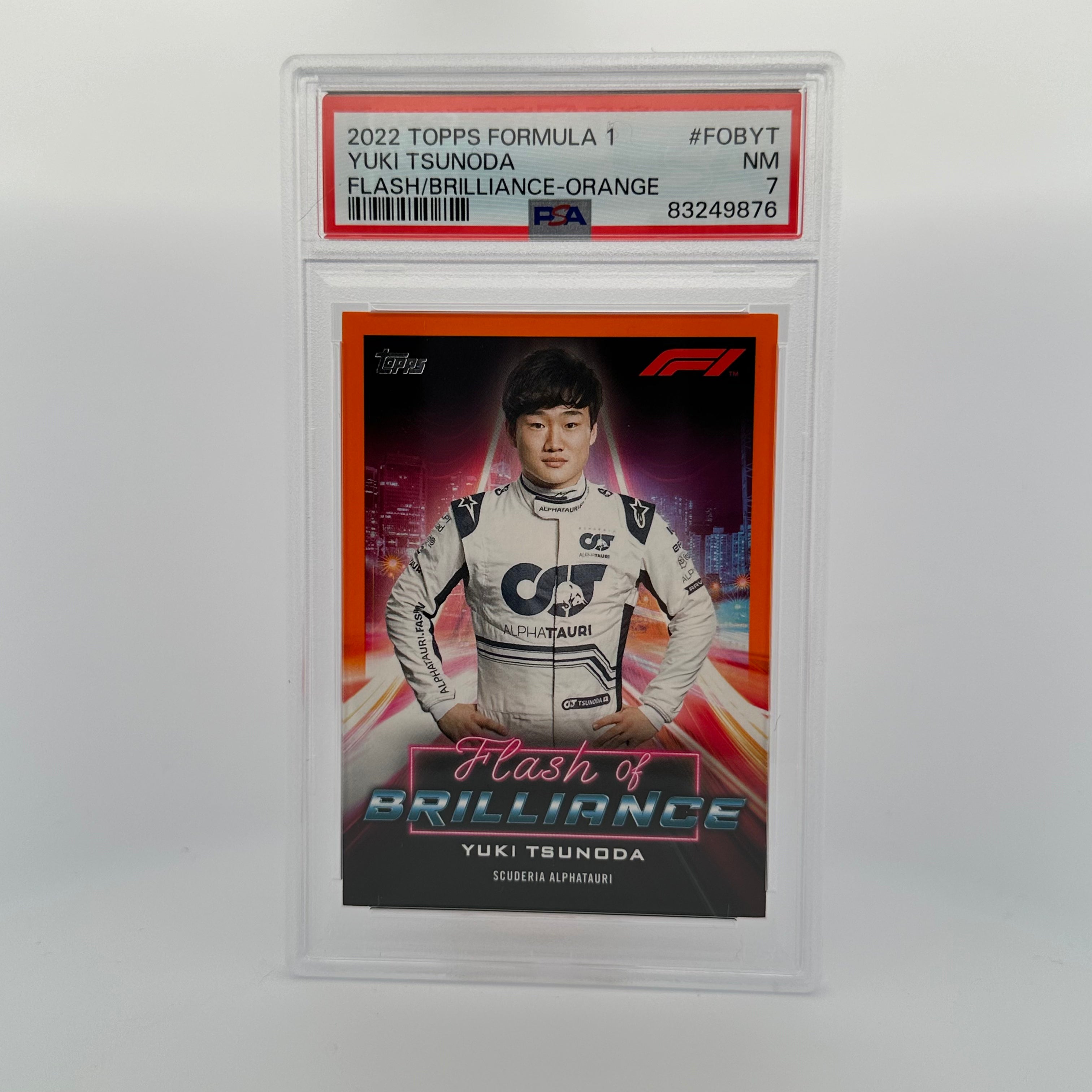 PSA 7 Yuki Tsunoda #FOBYT Flash Of Brilliance Orange Trading Card - 23/25 Limited Edition for Collectors & Racing Fans | Perfect for Display, Trading, and Investment