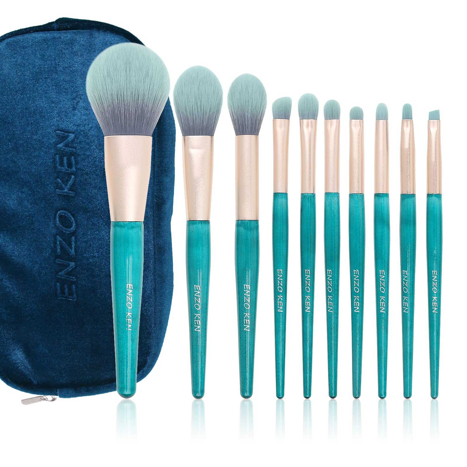 ENZO KEN Vegan Makeup Brush Set - 12 Piece Professional Blue Cosmetic Brushes with Wooden Case | Cruelty-Free & Eco-Friendly Makeup Tools for Foundation, Blush, Eyeshadow & Contouring | Perfect for Travel & Everyday Makeup