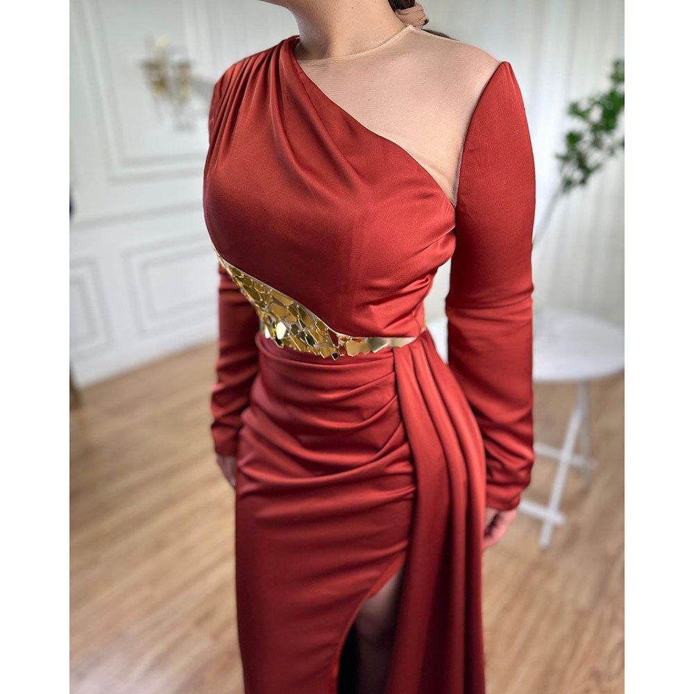 Elegant Wine Red Mermaid Evening Gown with High Split & Satin Fabric - O Neck Formal Dress for Women 2025 - Perfect for Prom, Gala, Wedding & Special Occasions