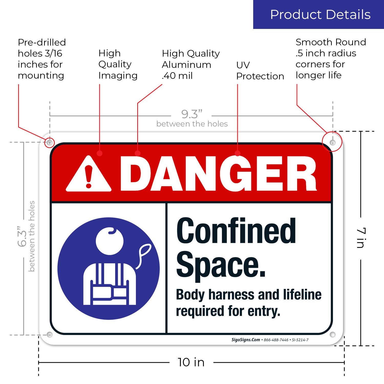 ANSI Danger Sign - Confined Space Body Harness & Lifeline Required for Entry | 10x7 Inch Rust-Free .040 Aluminum Safety Sign | Fade Resistant for Indoor/Outdoor Use | Made in USA | Perfect for Construction Sites, Warehouses & Industrial Facilities