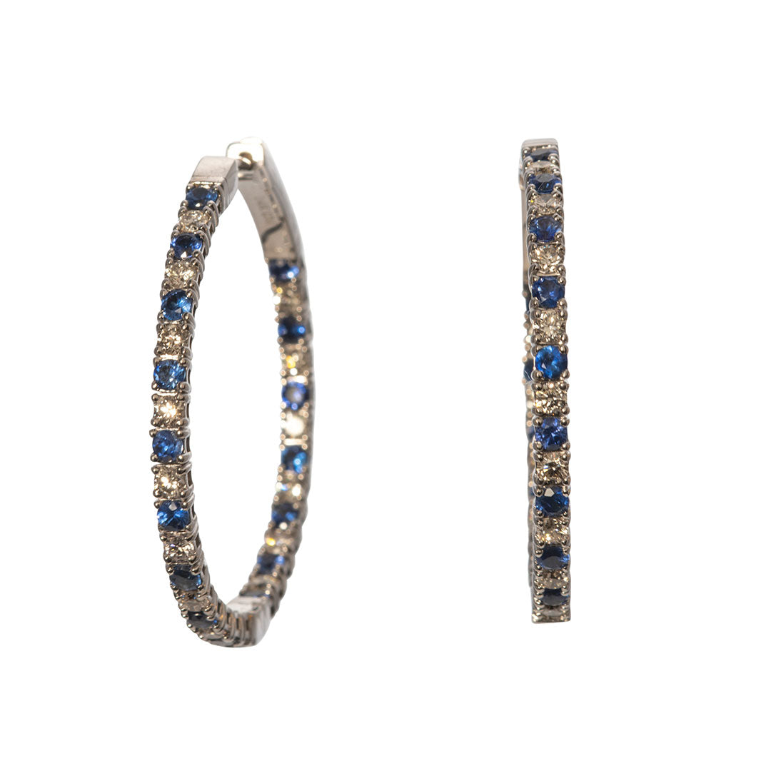 14K White Gold Sapphire & Diamond Inside Out Flexible Hoop Earrings for Women - Perfect for Weddings, Parties & Everyday Elegance
