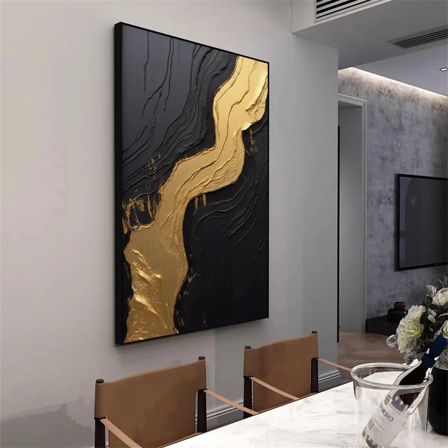 Black Gold Minimalist Textured Wall Art Painting #MZ130 - Modern Home Decor for Living Room, Bedroom & Office