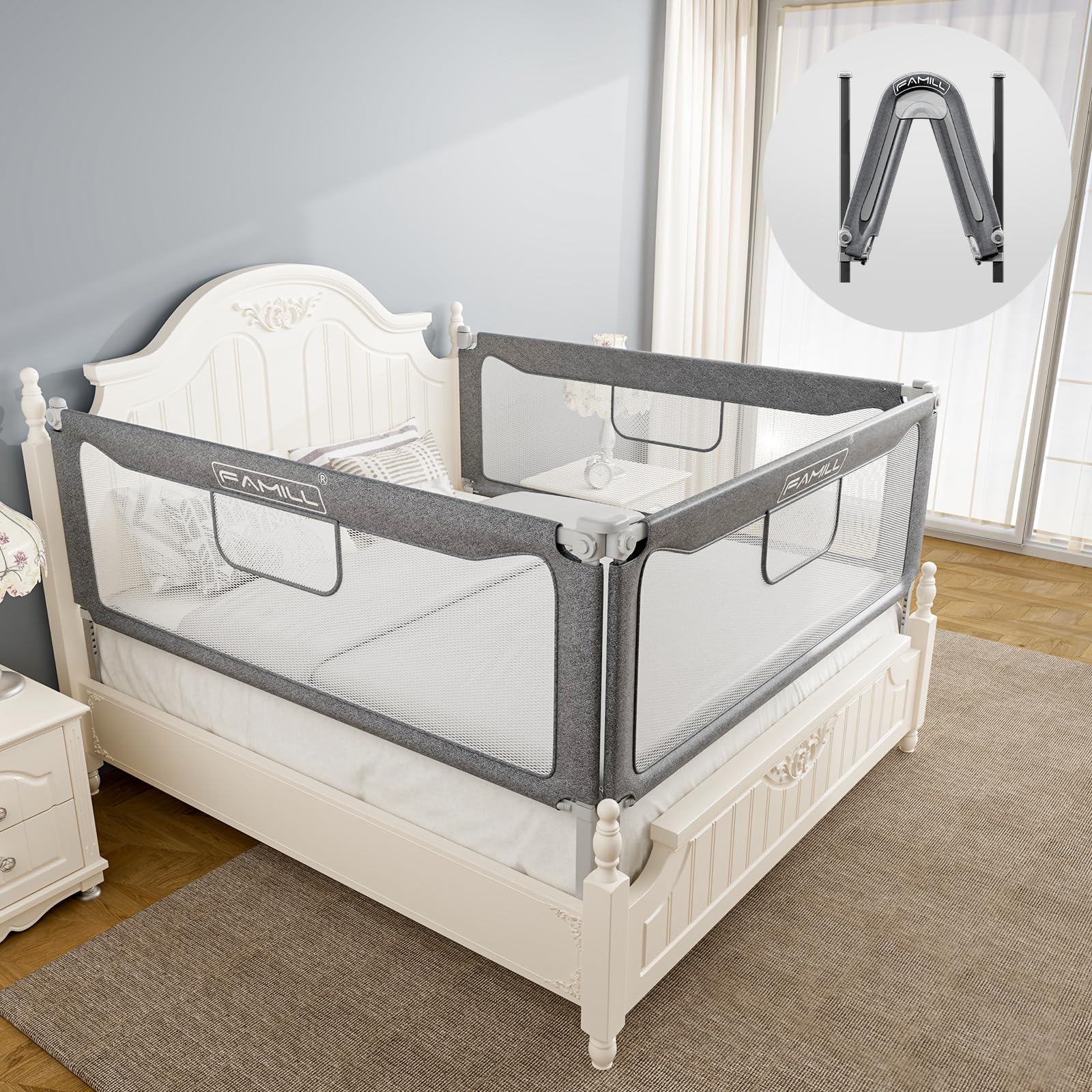 FAMILL Upgraded No Assembly Foldable Toddler Bed Rail - U-Shape Base Safety Guard for Queen, King, Full & Twin Size Beds (Grey, 74.8