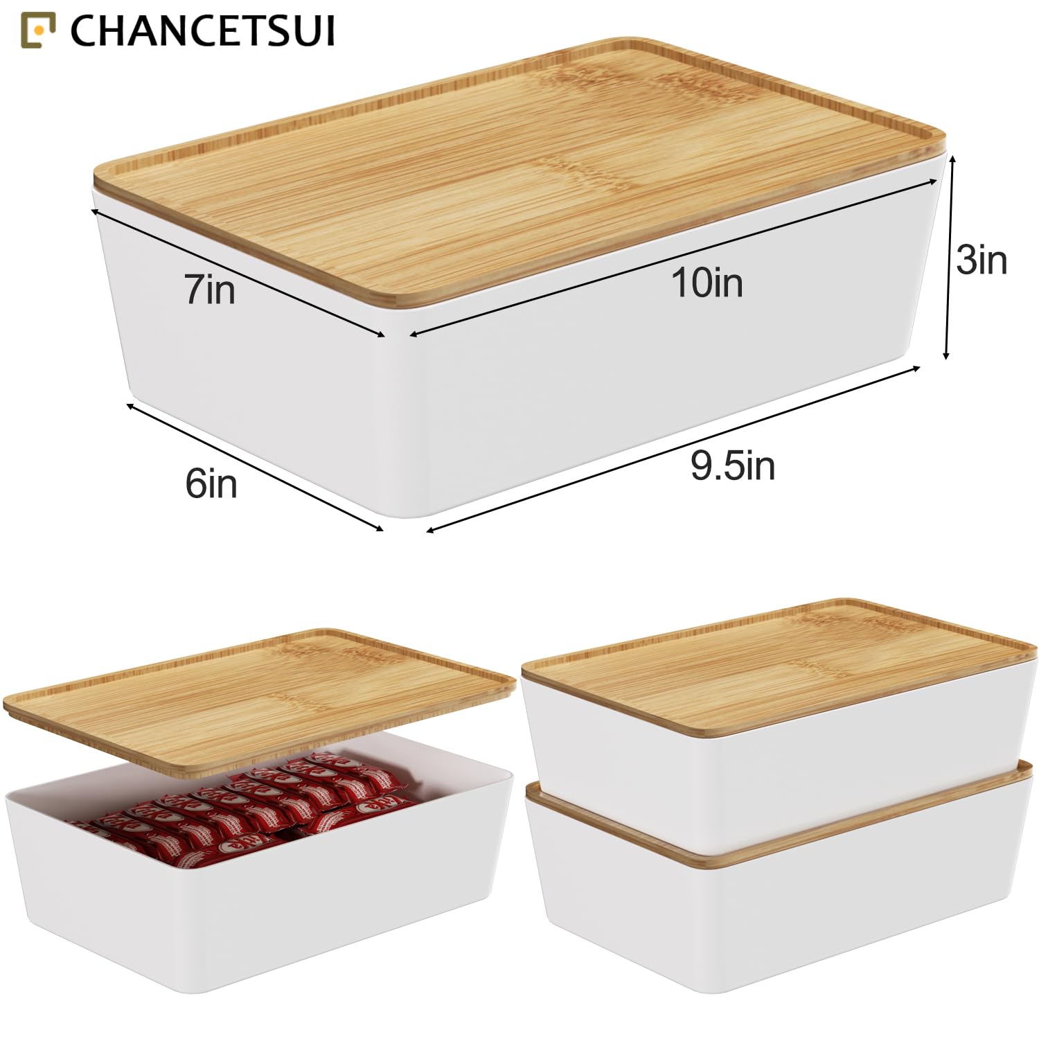 CHANCETSUI 2-Pack Stackable Storage Bins with Bamboo Lids - 7x10 Inch White Office Desk Organizers, Home & Office Storage Containers for Paper Clips, Pens, Documents | Perfect for Desk Organization & Closet Storage