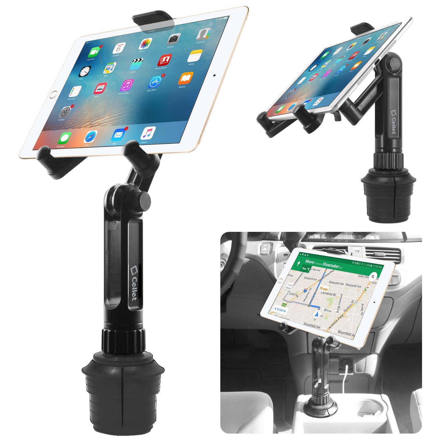Universal Car Tablet Mount with Cup Holder Base - Compatible with Apple iPad, iPad Pro, Air, Mini | Samsung Galaxy | Google Pixel | Amazon Kindle Fire & Smartphones - Perfect for Road Trips, Uber/Lyft Drivers & Backseat Entertainment