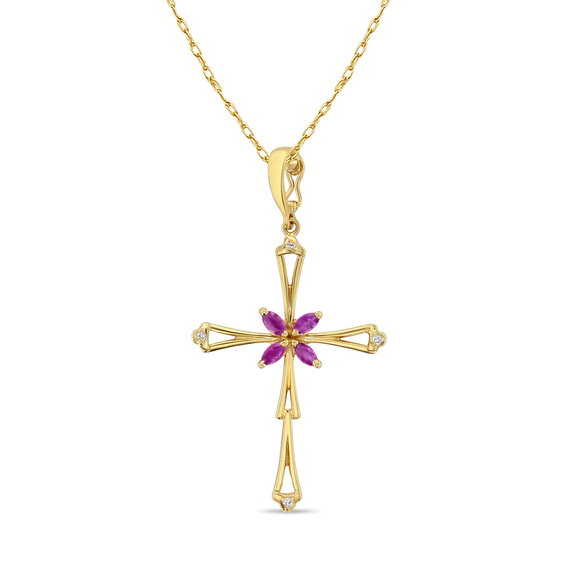 Vintage Marquise Ruby Cross Pendant with Diamond Accents in 14k Yellow Gold - Elegant Religious Jewelry for Women, Perfect for Gifts, Weddings & Special Occasions