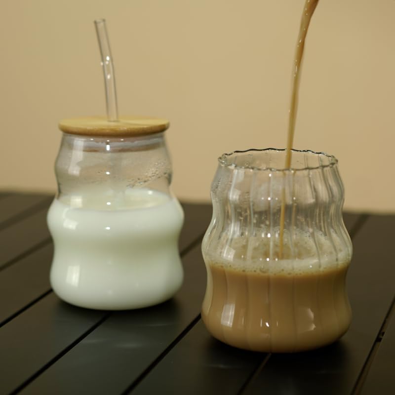 2 Pack Vintage Ribbed Glass Cups - 18oz Wave Design Bubble Drinking Glasses for Iced Coffee, Juice, Milk, Cocktails & Bubble Tea | Durable Barware for Home, Cafe & Party Use