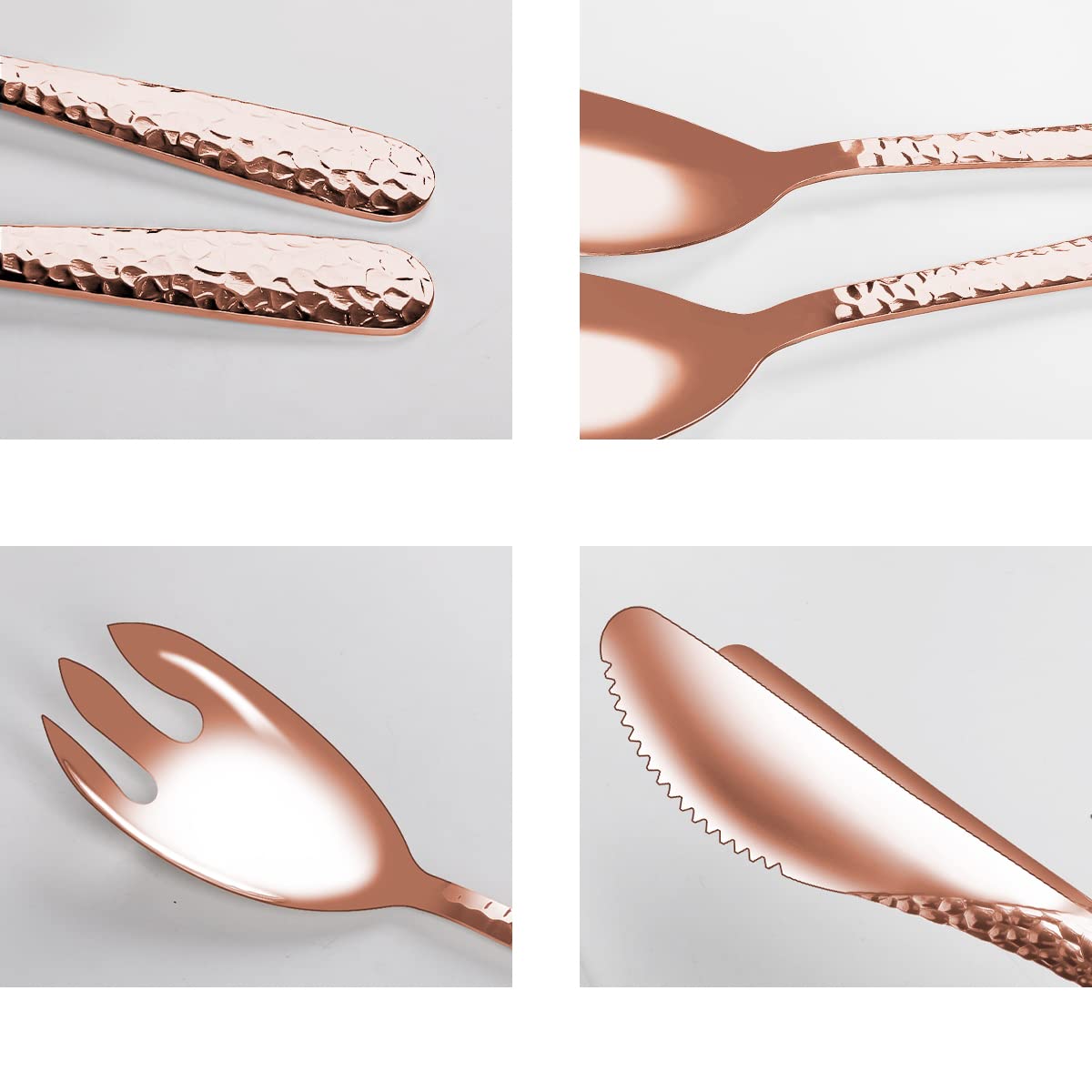 Premium 18/10 Stainless Steel Salad Serving Set - Hammered Finish Metal Salad Tongs with Spoon & Fork - Heavy Duty Rose Gold Kitchen Utensils for Buffet, Party, Catering & Home Dining