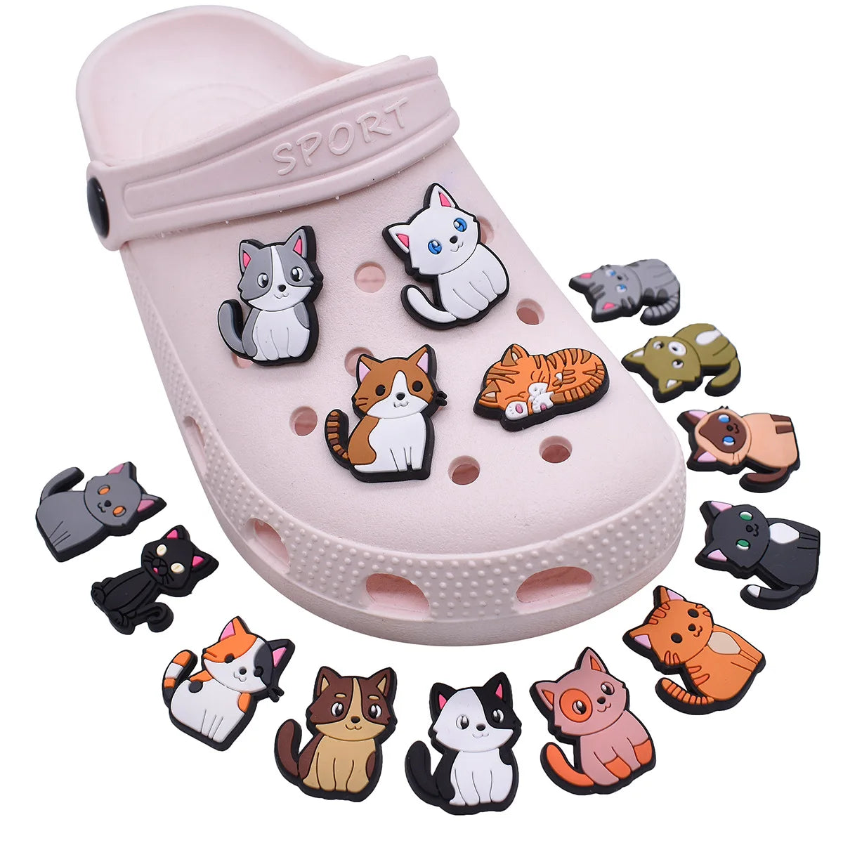 1Pcs Cute PVC Cat Shoe Charms for Crocs - DIY Badge Clogs Buckle Pins for Kids Shoes, Jeans & Accessories - Christmas Wholesale Decorations for Casual Wear & Gift Giving