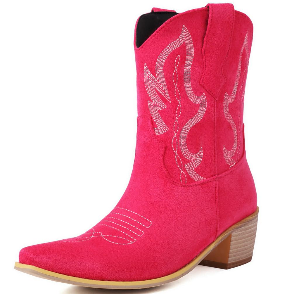 KOKOMOMO Women's Suede Embroidered Cowgirl Boots - Low Heel Western Ankle Boots with Pull-On Design for Country Dancing, Rodeo & Casual Outfits