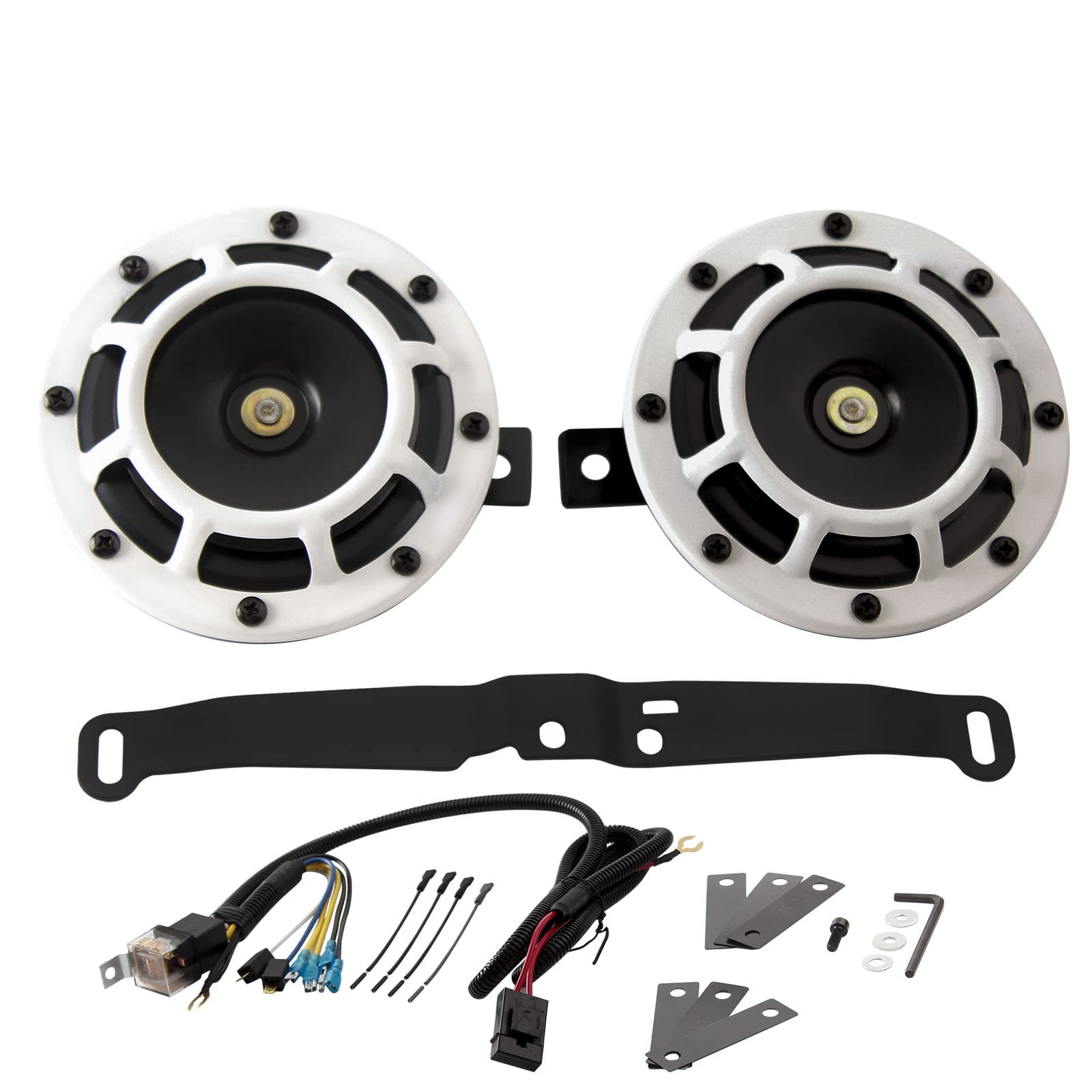 FARBIN Waterproof Car Horn - Loud Super Tone High/Low Metal Twin Horns Kit with Protective Grill (White Horn, Harness & Bracket) - Perfect for Trucks, SUVs & Off-Road Vehicles