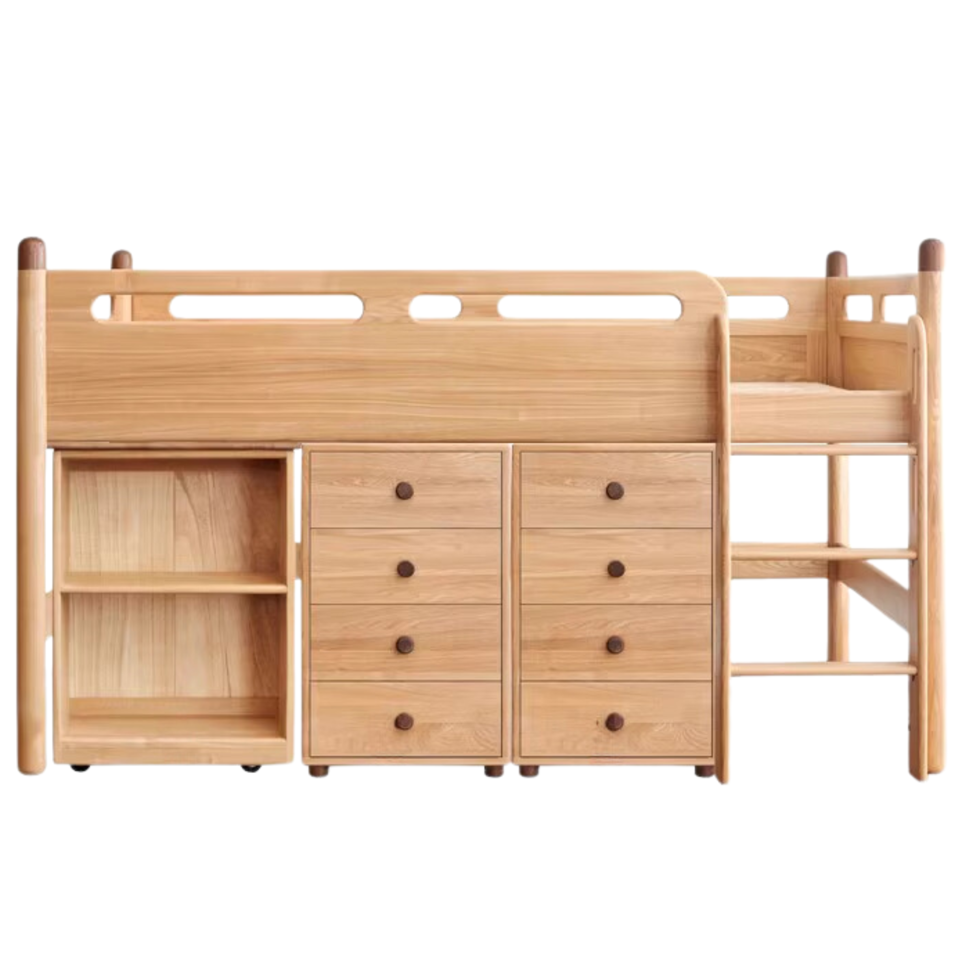 Solid Oak Wood Mid-High Bed with Slanted Ladder - Sturdy Adult Loft Bed for Small Spaces, Dorm Rooms & Modern Apartments