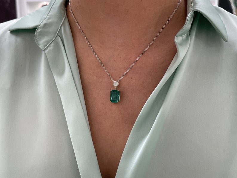 10.57tcw 14K Gold Emerald & Diamond Two Stone Dangle Stationary Necklace for Women - Elegant Jewelry Gift for Birthday, Anniversary & Special Occasions