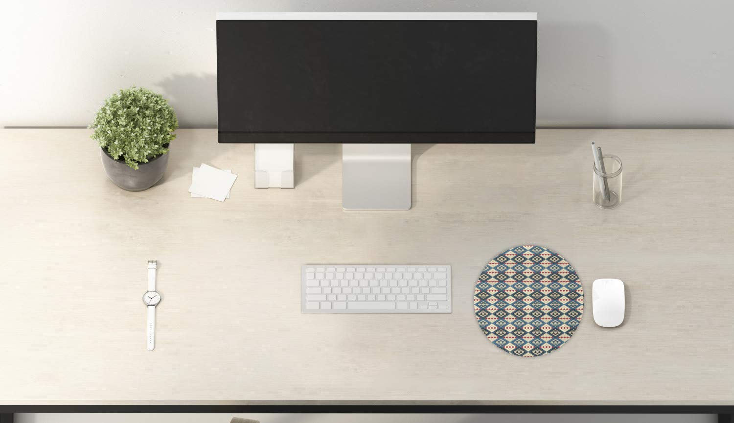 Ambesonne Ethnic Mouse Pad - Round Non-Slip Thick Rubber Gaming Mousepad with Braided Carpet Mosaic Art Design, 8 Inch, Cream Coral Blue - Perfect for Office, Home & Gaming Computers