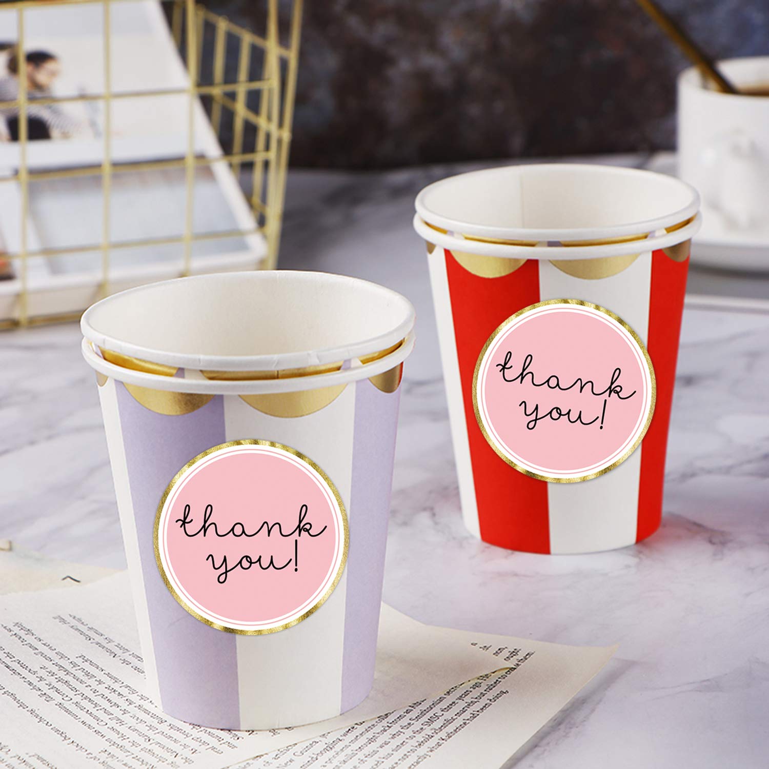 Elegant Gold Thank You Stickers & Round Pink Adhesive Labels - 1.4 Inch, 500 Pack - Perfect for Gift Wrapping, Wedding Favors, Party Decorations and Business Packaging