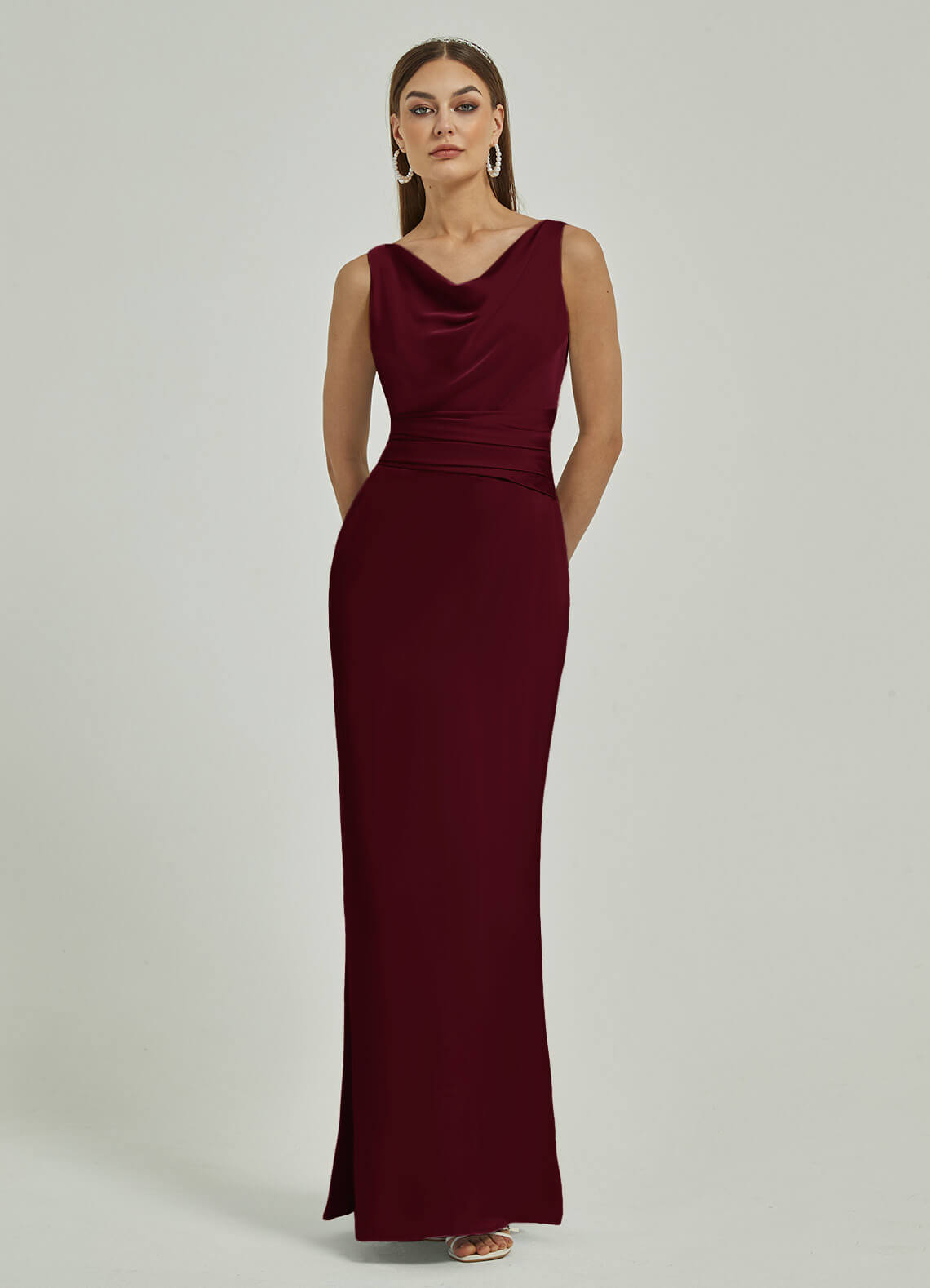 Elegant Burgundy Silk Satin Cowl Neck Sheath Dress | Backless Maxi Bridesmaid Gown for Weddings & Formal Events | Perfect for Evening Parties, Prom & Special Occasions