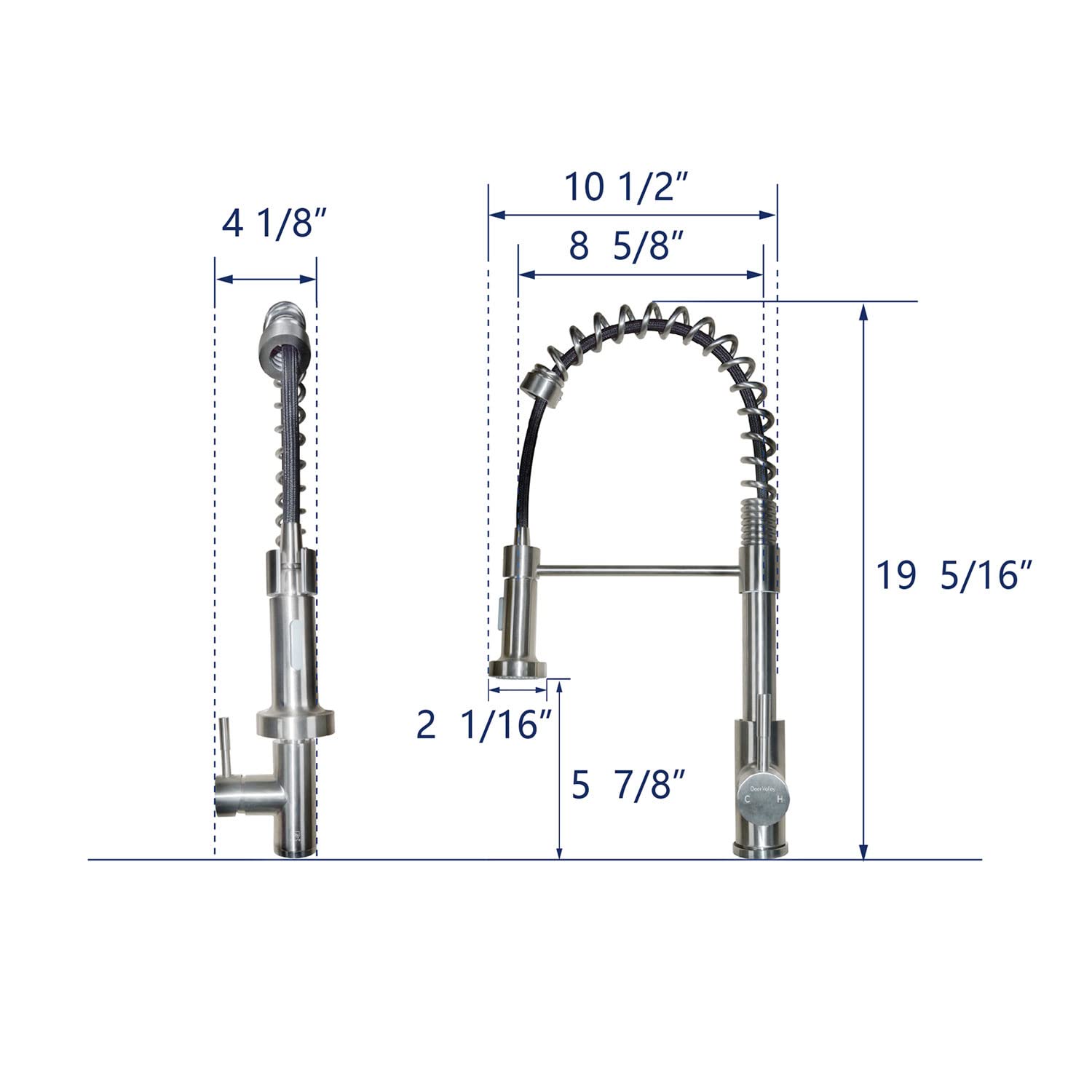 DeerValley DV-1J82101 Brushed Nickel Single Handle Pull Down Kitchen Faucet with Spring Sprayer - Modern Stainless Steel Sink Faucet for Home, Restaurant & Commercial Use