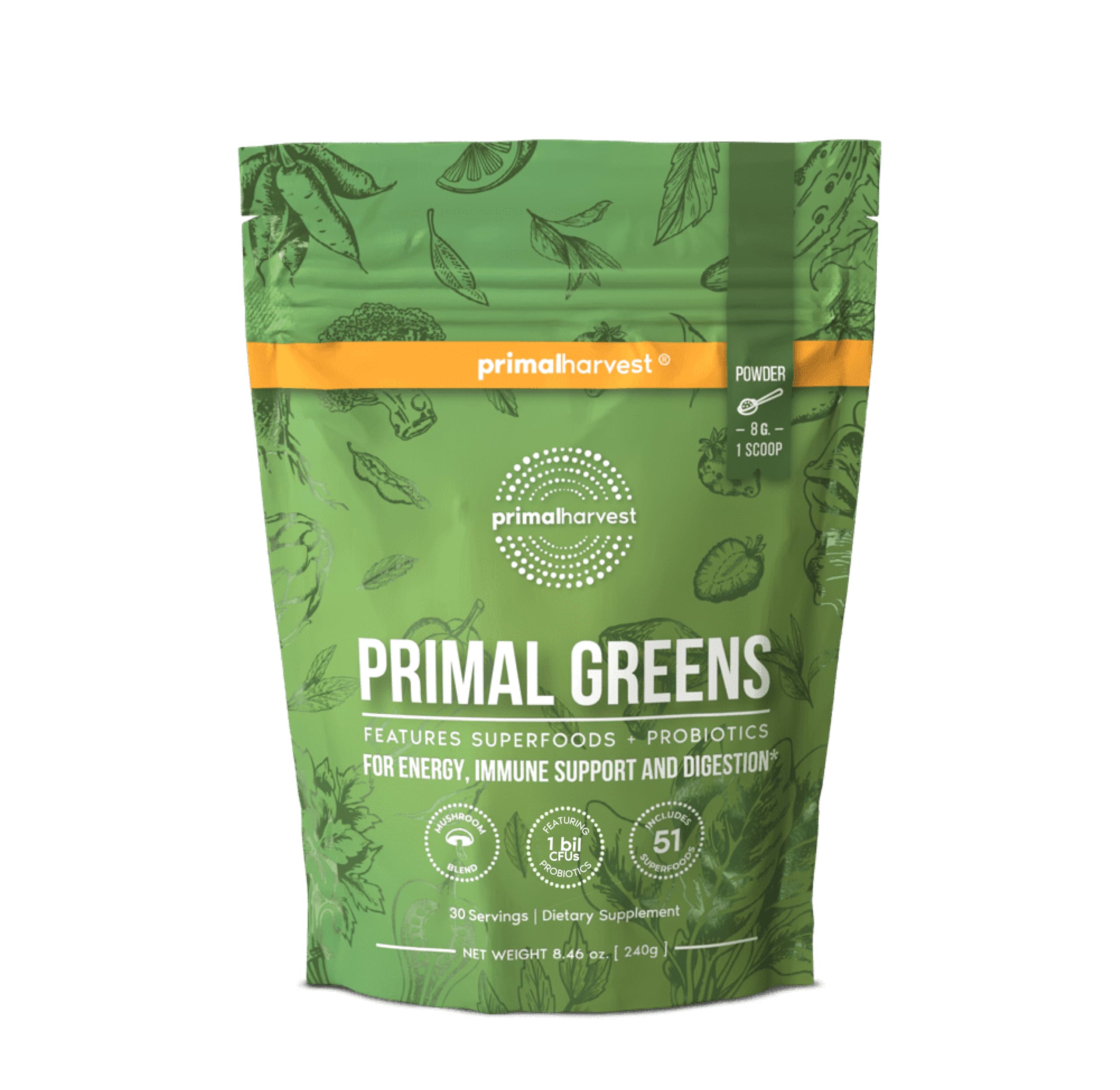 Primal Harvest Super Greens Powder - 30 Servings with 50+ Superfoods Including Chlorella, Probiotics, Green Tea, Wheatgrass, Kale & Turmeric for Energy Boost | Immune Support & Detox Supplement | Perfect for Smoothies, Juices & Daily Wellness Routine