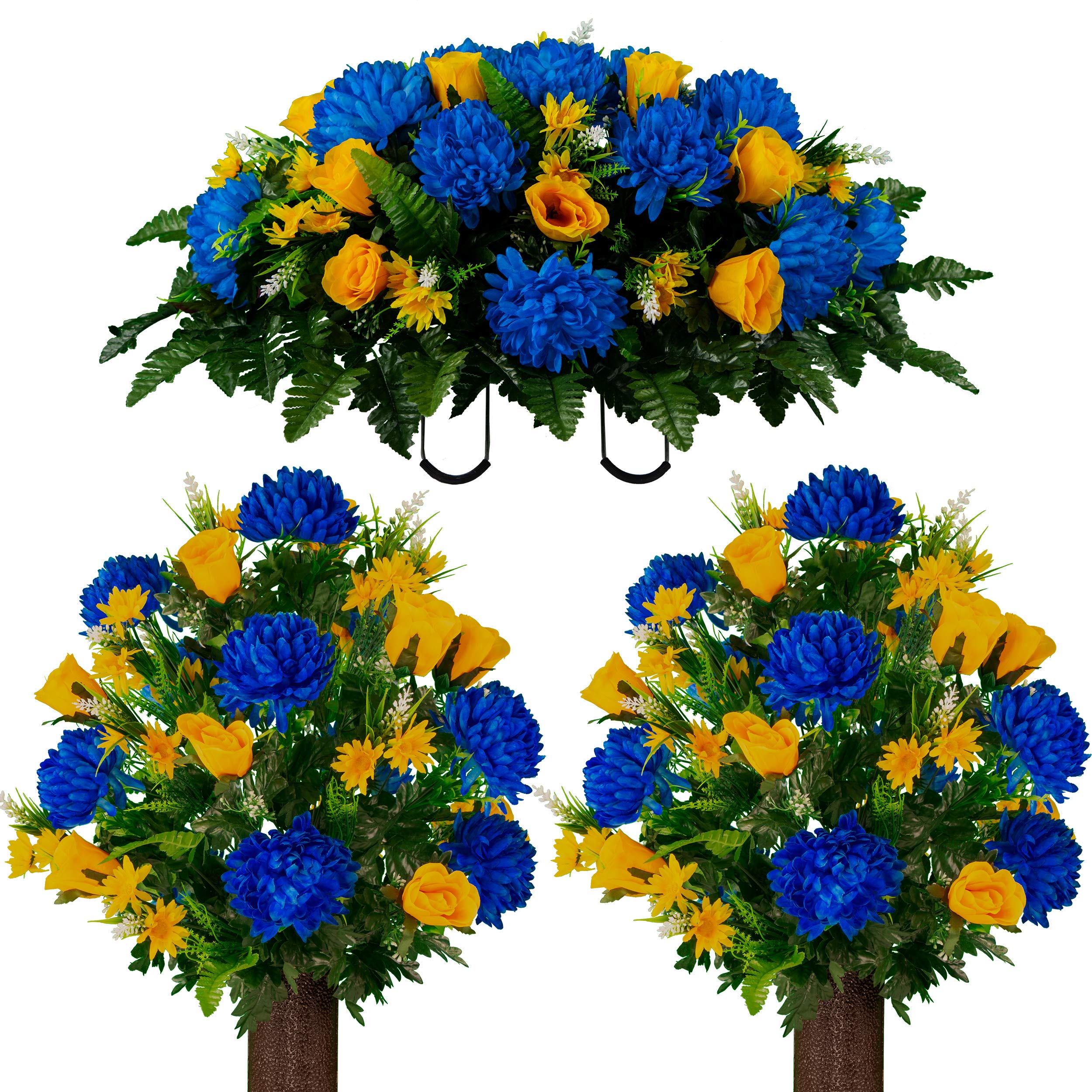 Sympathy Silks Artificial Cemetery Flowers - Realistic Vibrant Roses for Grave Decorations, Fade-Resistant Outdoor Memorial Flowers - 2 Blue Mum & Yellow Rose Bouquets with 1 Saddle - Perfect for Graveside Tributes, Headstone Decor, and Memorial Day Arrangements