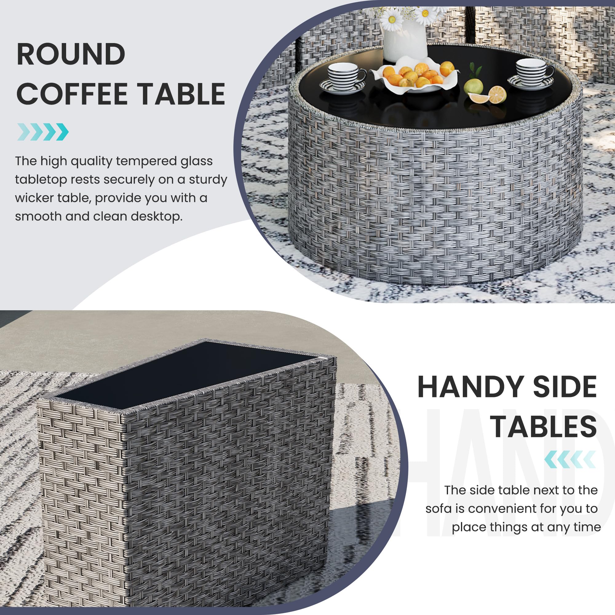 UDPATIO 11-Piece Fully Assembled Outdoor Sectional Sofa Set - Half Moon Curved Modular Wicker Furniture with Round Coffee Table & Waterproof Cover - Heavy Duty Patio Furniture for Porch, Backyard, Garden (Grey) | Perfect for Outdoor Entertaining, Poolside Relaxation & Family Gatherings